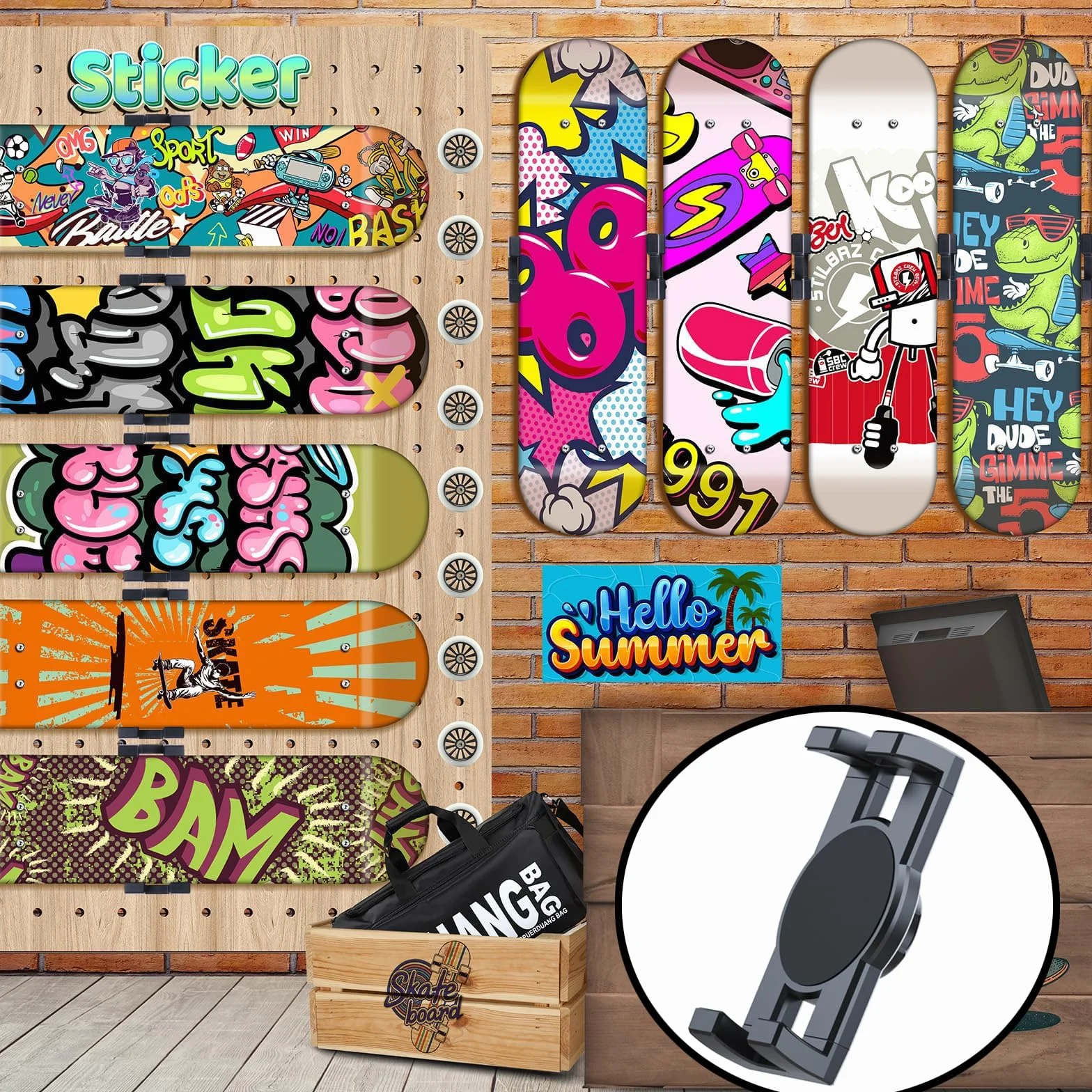 Support Mural pour Planche de Skate HHUXIUE, Support Mural pour Skateboard pivotant à 360°, Crochet d'affichage Flottant, adapté à Tous Les skateurs.