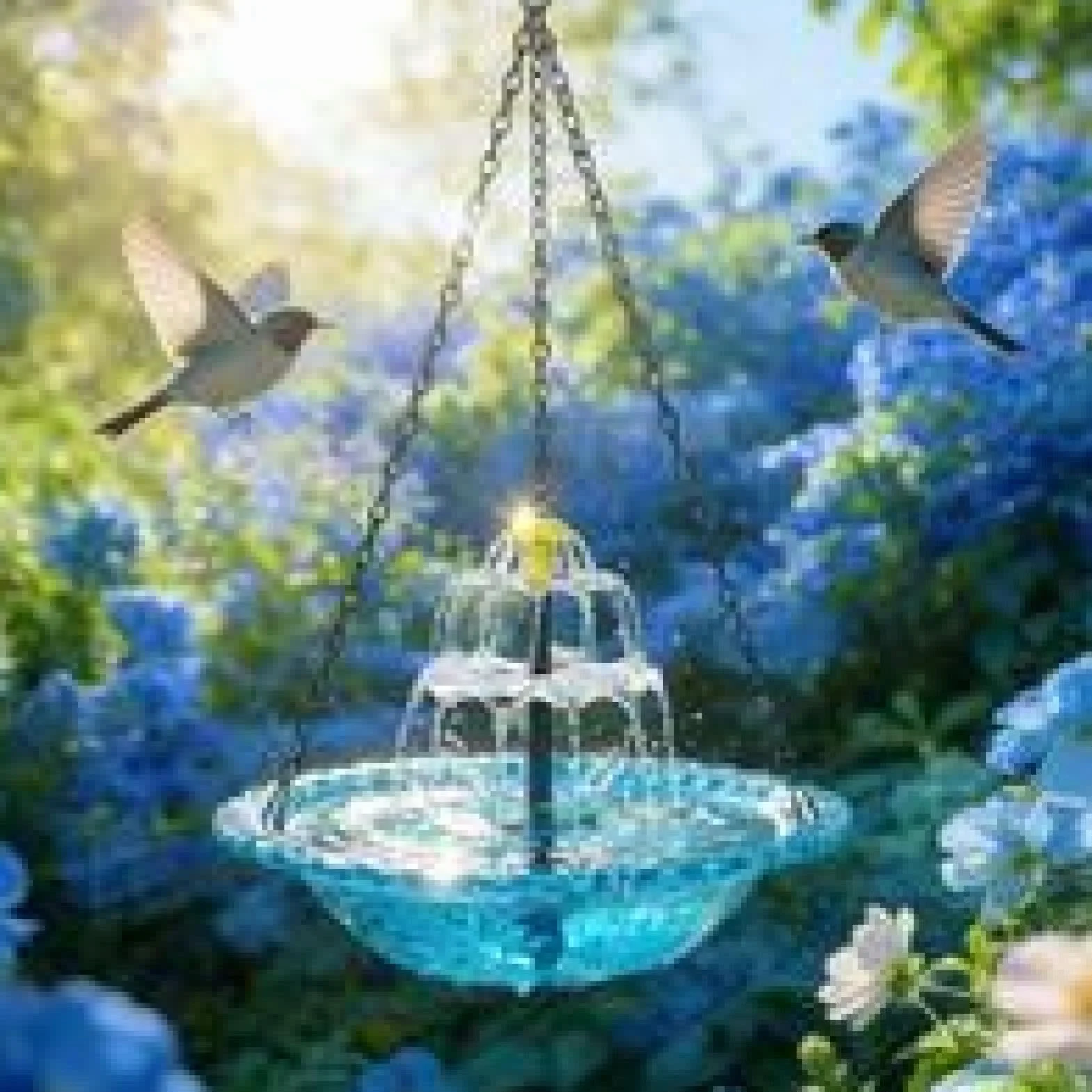 Bain d'Oiseaux Suspendu avec Fontaine Solaire | Grande Coupe en Verre Artistique, Alimenté par Pompe Solaire