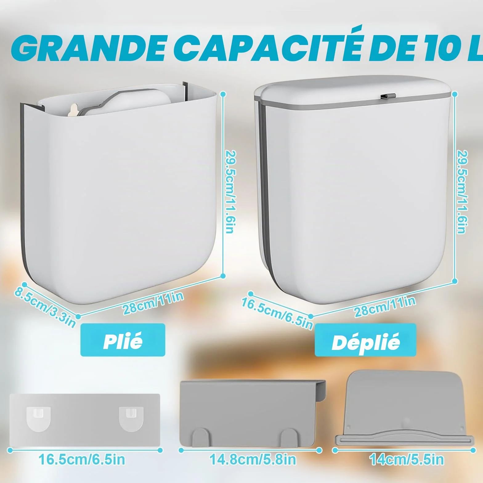Poubelle de Cuisine Suspendue Pliable 10L Étanche avec Couvercle PP+TPA
