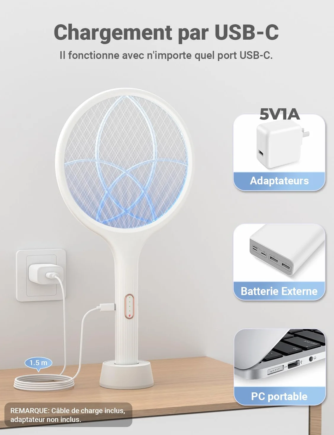 YISSVIC Raquette Electrique Insectes 4000 V 1500 mAh Rechargeable avec Base Stable, Blanc