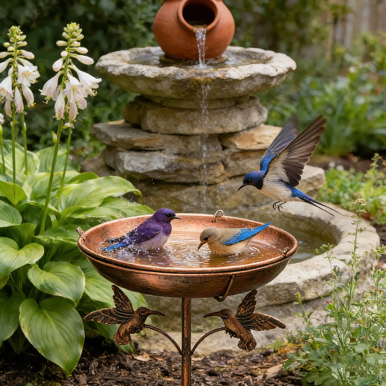 Abreuvoir Oiseaux Bain Suspendu Exterieur ∅ 24cm Socle 5 Pattes Anti-Basculement Chaîne Jardin Balcon