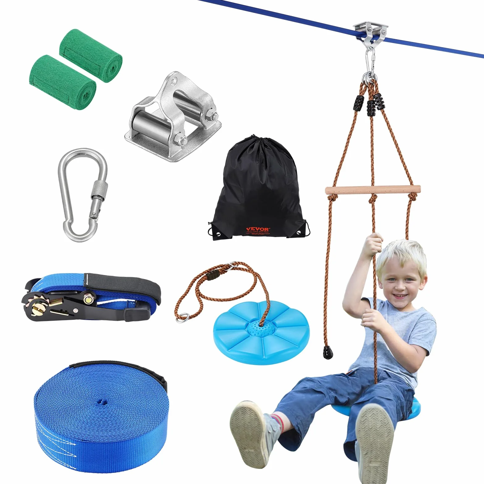 VEVOR Tyrolienne pour Enfants et Adultes 15,8 m, Kit de Tyrolienne Complet Charge 227 kg, Configuration Facile, avec Harnais de Sécurité en Nylon, Siège et Guidon, pour Jardin Arrière-Cour Extérieur