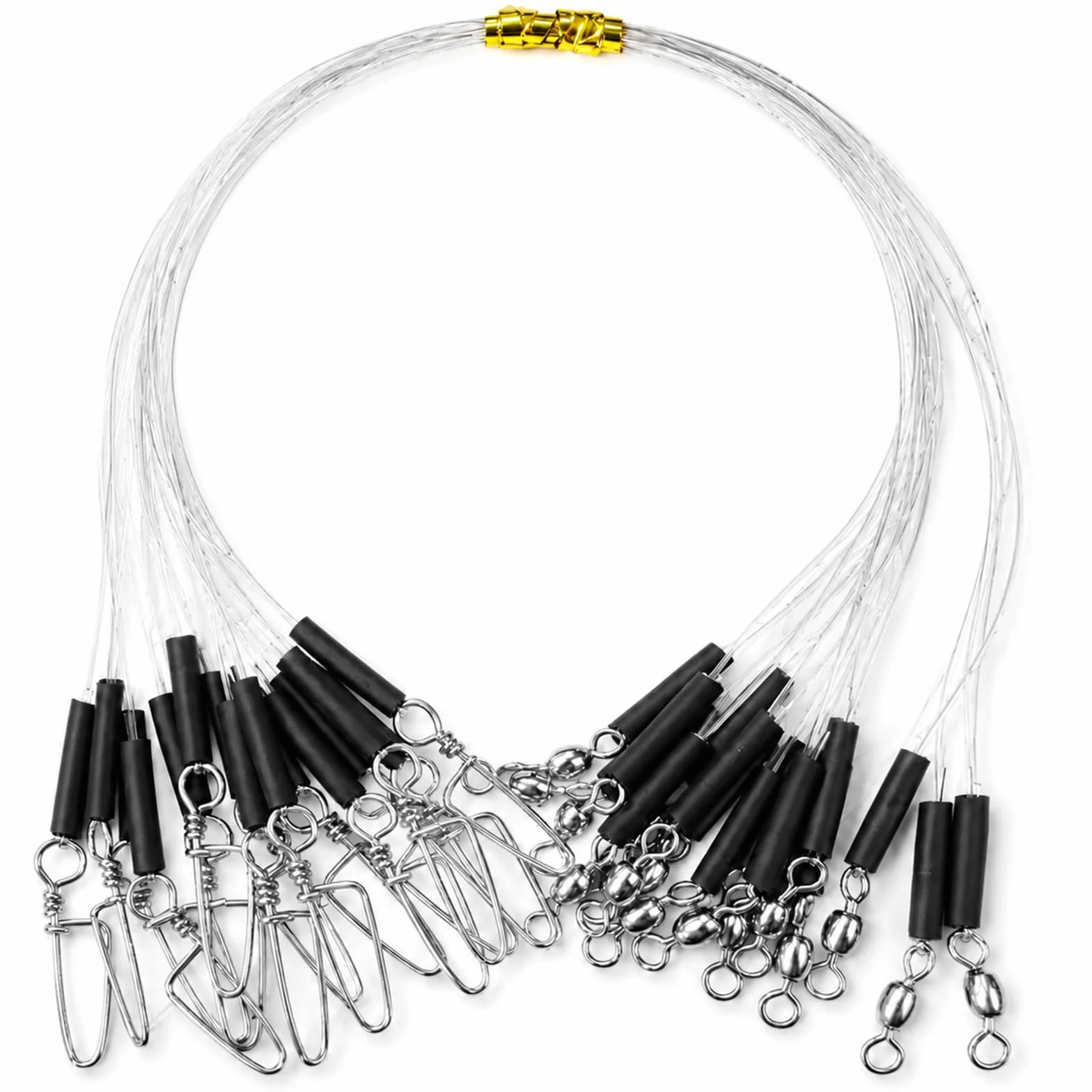 Lot de 15 leaders en fluorocarbone avec émerillon et mousqueton - Transparent - Pour brochet, truite, pêche à la pêche - 30 cm
