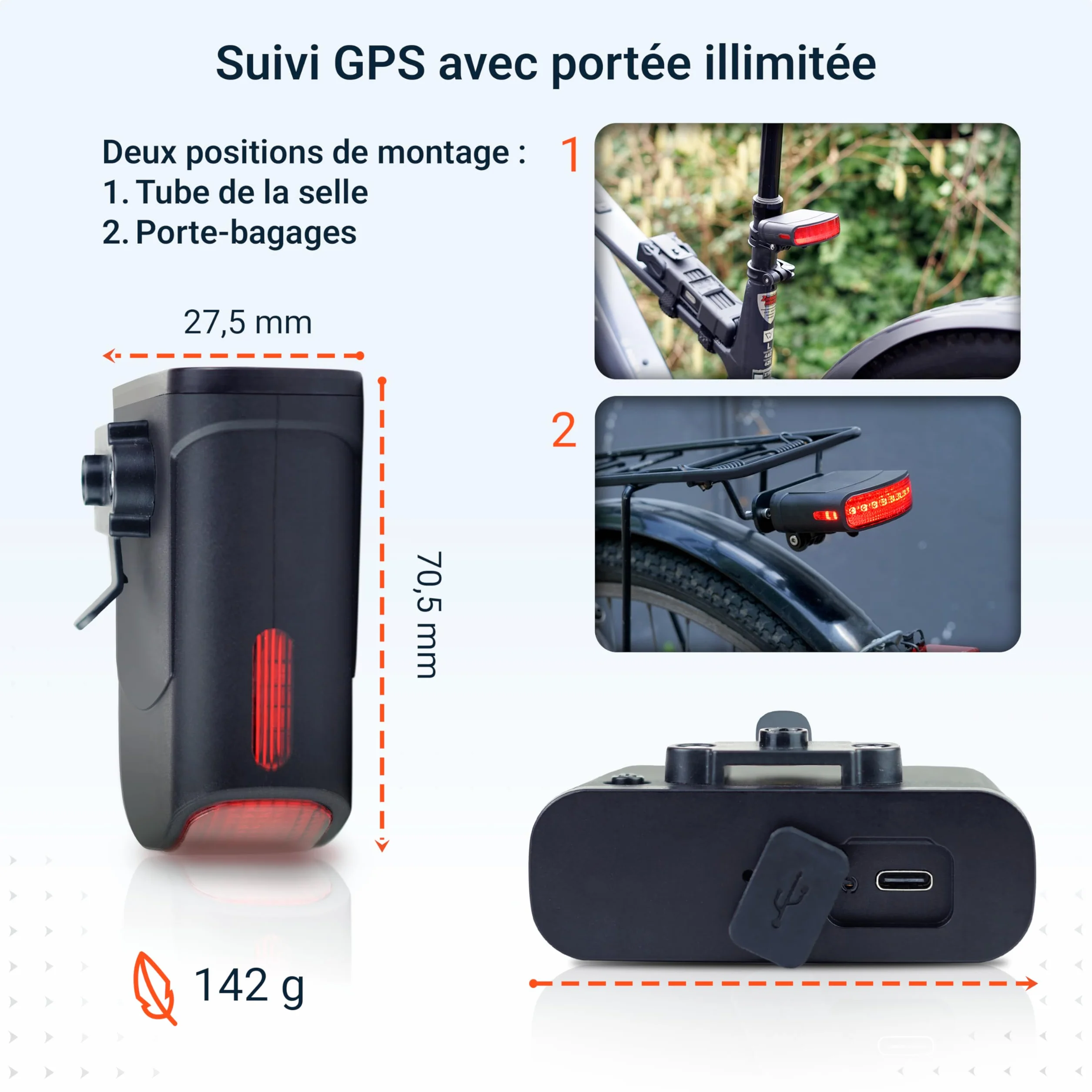 PAJ GPS Tracker pour vélo avec feu arrière - Abonnement Premium 3 Mois Inclus - Suivi 4G en Temps réel avec Alerte de Chute, géorepérage et mémoire des trajets - Jusqu’à 20 Jours d’autonomie