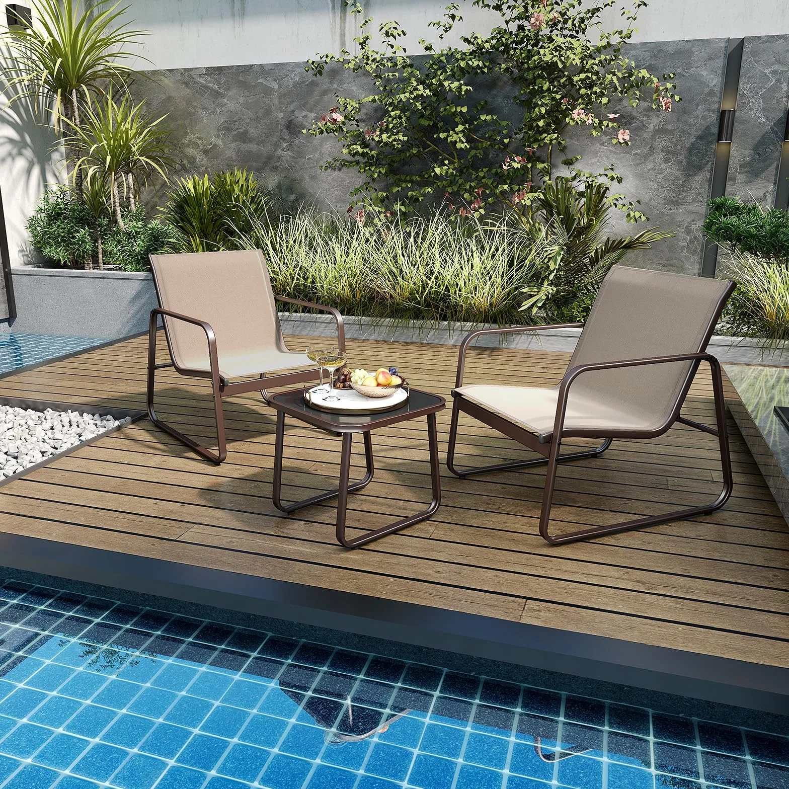 GOPLUS Salon de Jardin 2 Personnes, 3 Pièces Table Basse avec 2 Fauteuils, Cadre Métallique