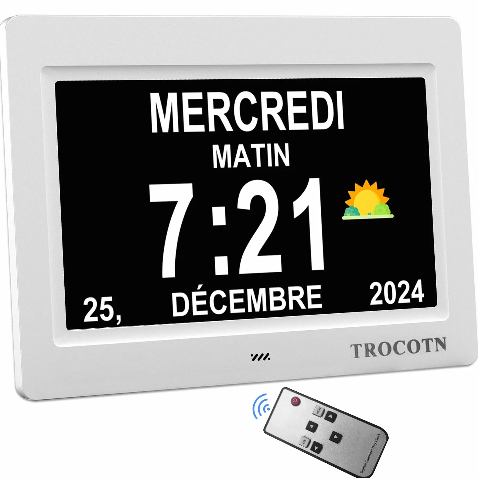 Horloge numérique Grand écran avec Calendrier pour Seniors, 7 Pouces Blanc