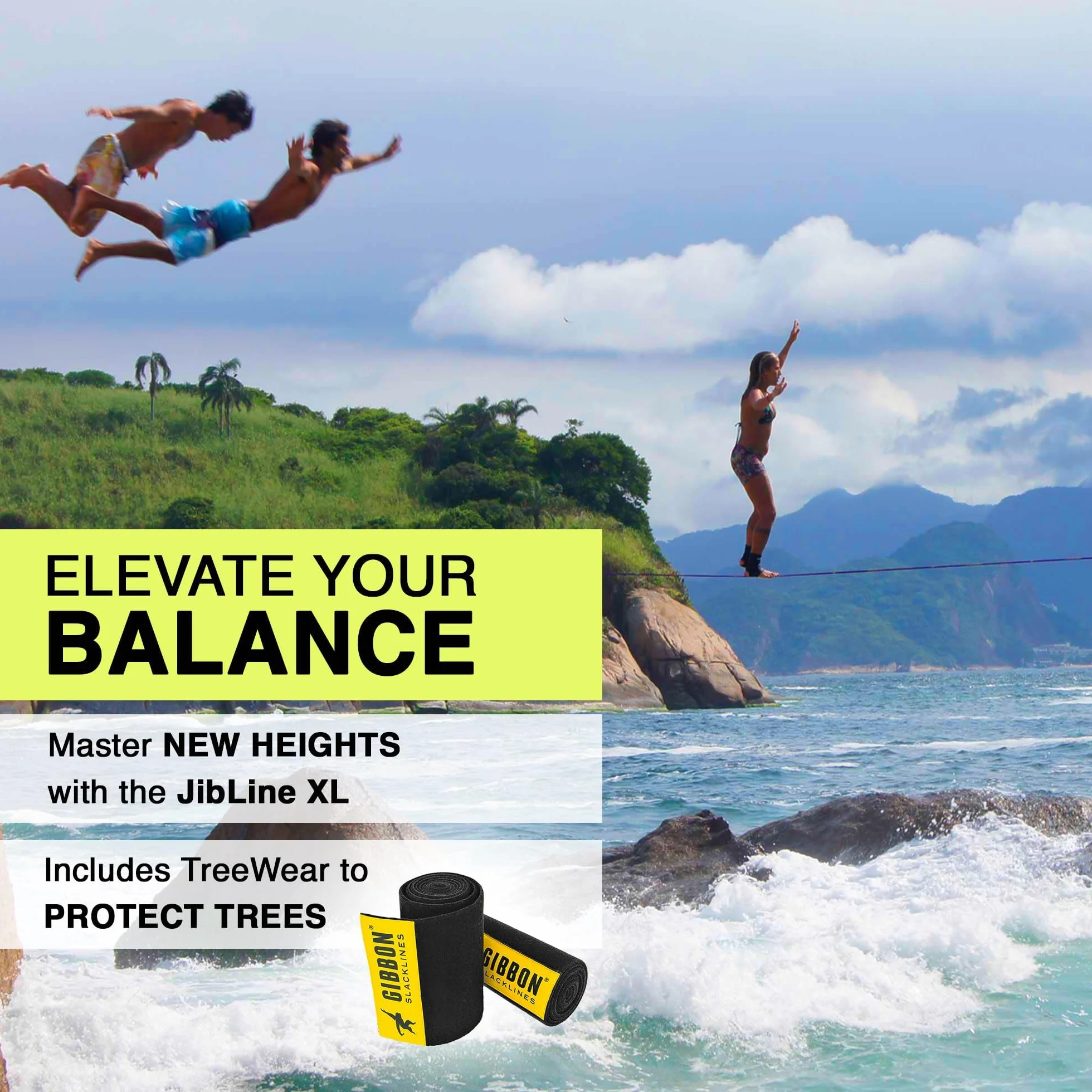Gibbon Slacklines JibLine Set Trickline XL | 25 m (20 m + 2 x 2,5 m de bande à cliquet) | 2 cliquets | TreeWear | 5 cm de large | Impression antidérapante | Charge de rupture 30 Kn | Pour débutants et