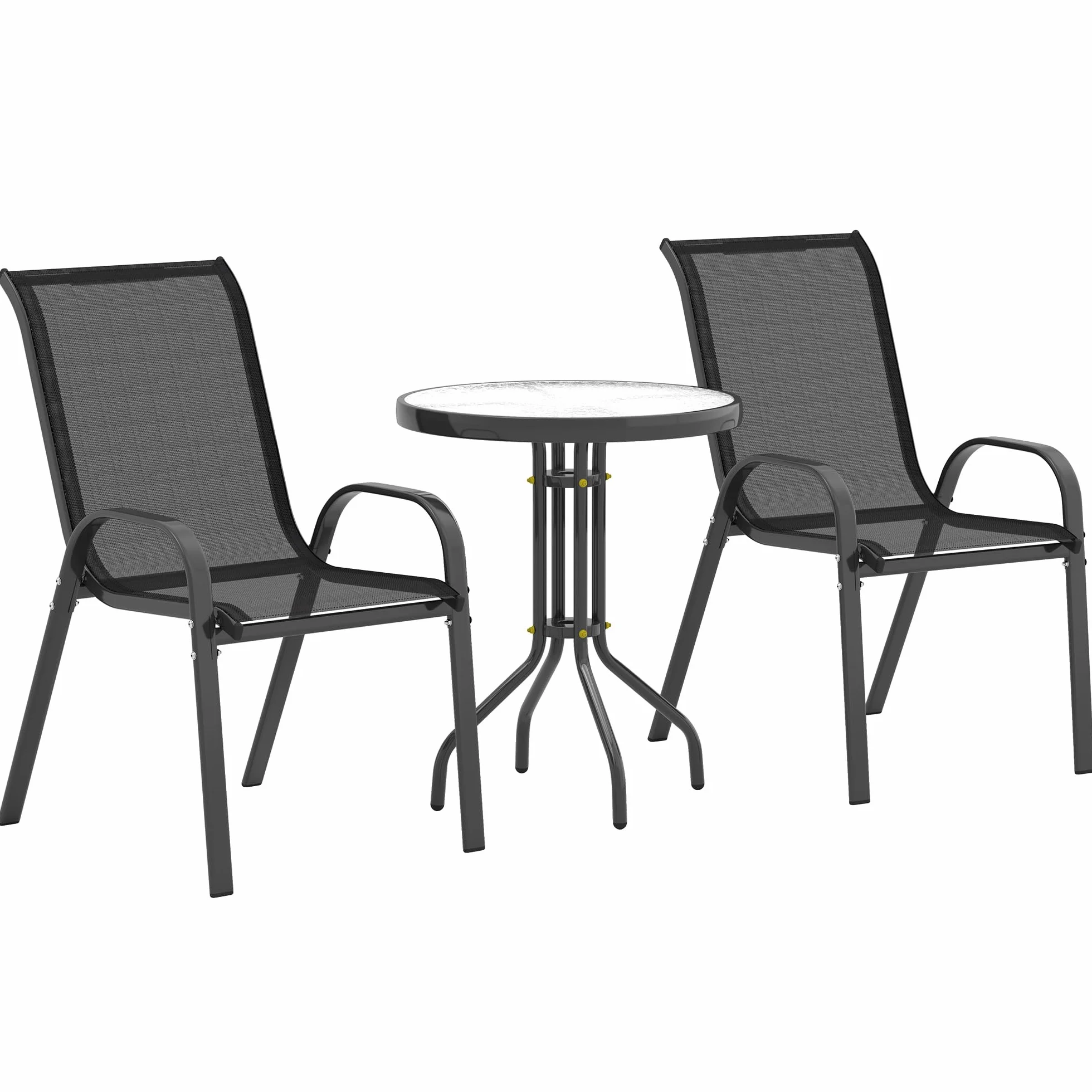 Outsunny 3 pièces Salon de Jardin extérieur Ensemble Meubles 2 fauteuils empilables Table Basse Verre trempé Tissu textilène Noir