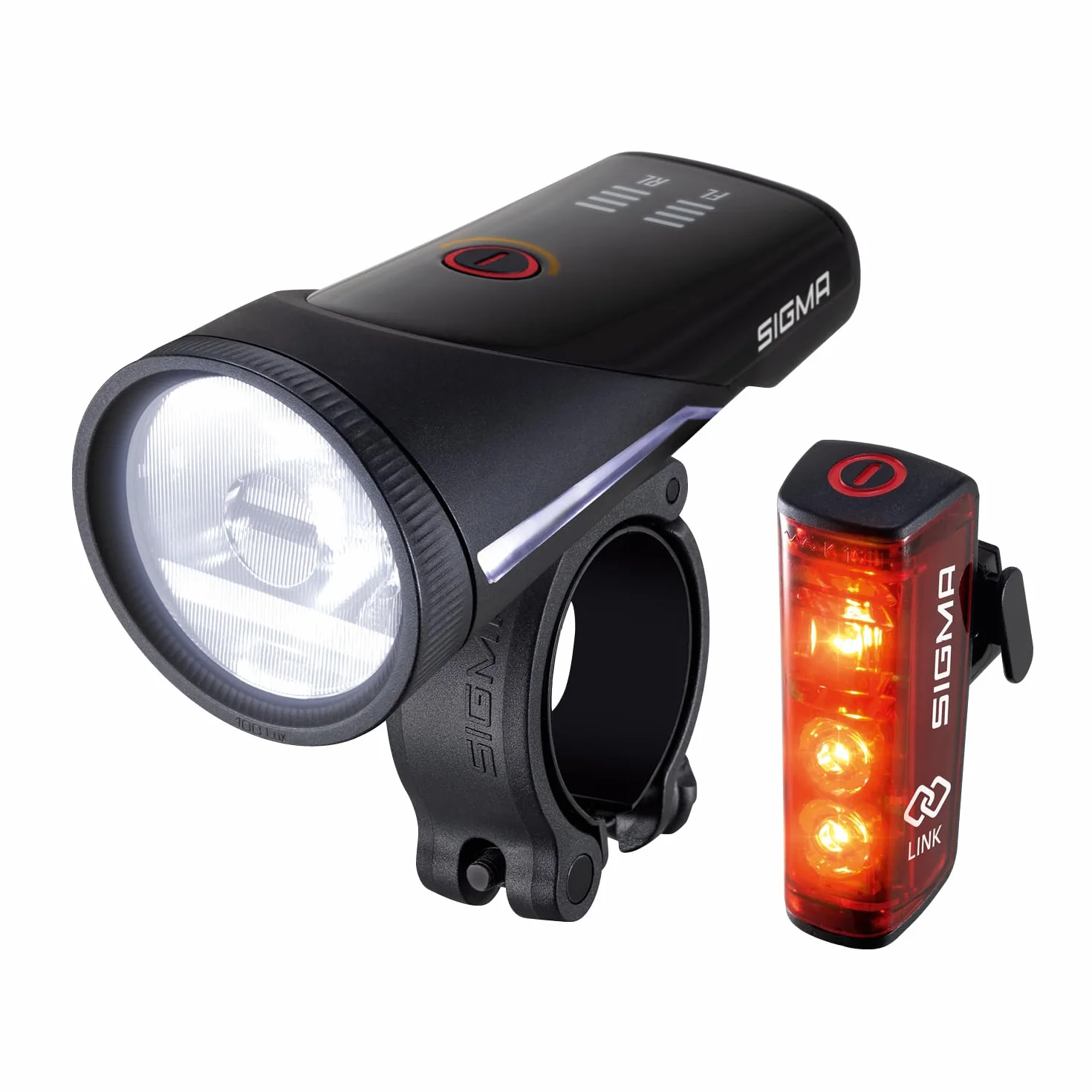 SIGMA Kit d'éclairage vélo Aura 100/Blaze Link (Support à vis) | Fonction de couplage innovante Eclairage vélo à LED 100 lux à l'avant | Feu arrière avec Fonction feu Stop