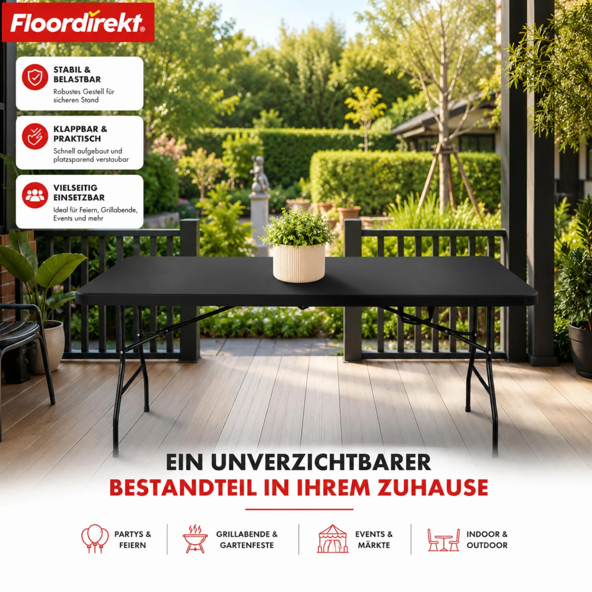 Table de Jardin Pliable en Plastique 180 x 73 cm avec Poignée de Transport - Table Pliante pour Jardin, Terrasse et Balcon - Table de Camping pour 6 Personnes (Kyoto)