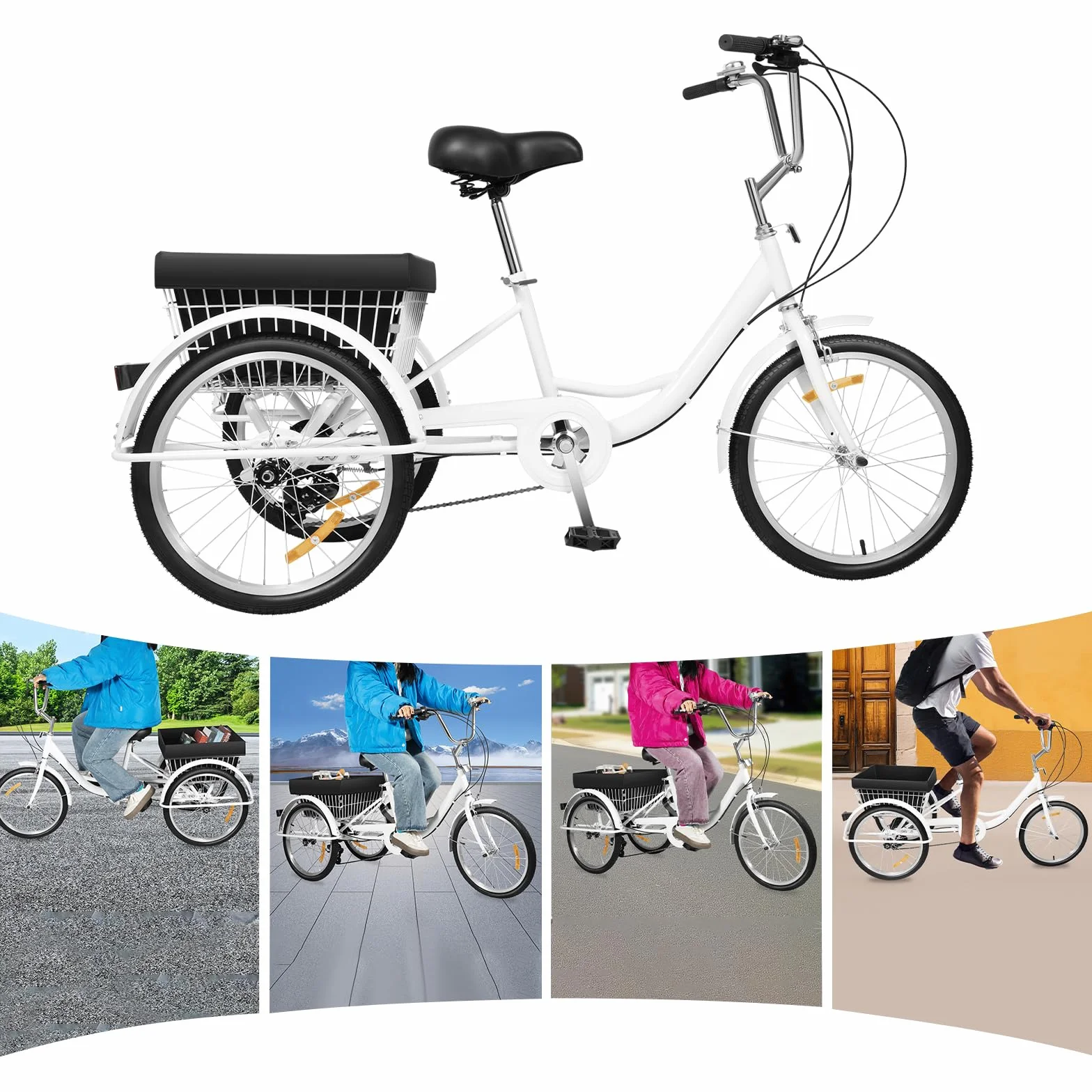 Tricycle Adulte 20 Pouces, vélo Femme, vélo avec Panier, Velo Adulte, adapté à la Ville, à la Plage et aux Pistes cyclables