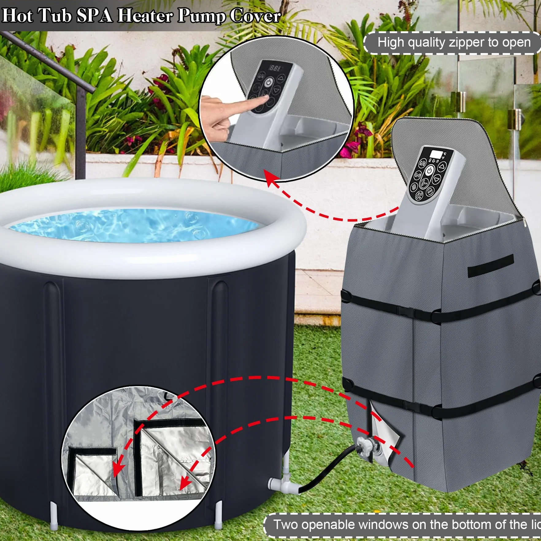 TZEKING Housse De Chauffage pour Spa Imperméable, Ajustable et Pliable - Couvercle De Pompe avec Cordon et Boucle