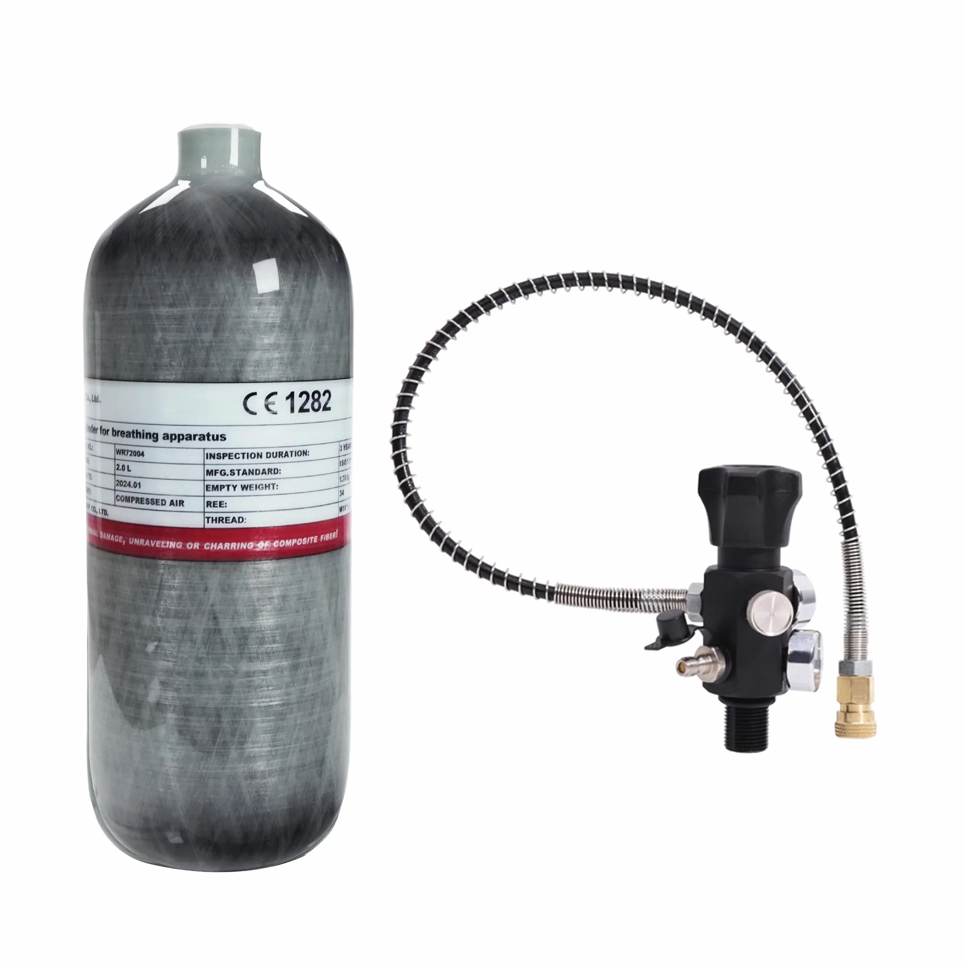 TUXING 2L/122ci 4500psi Réservoir d'air en fibre de carbone (bouteille vide) Station de remplissage Paintball avec deux manomètres jusqu'à 24 Pouces de Tuyau haute pression M18*1.5