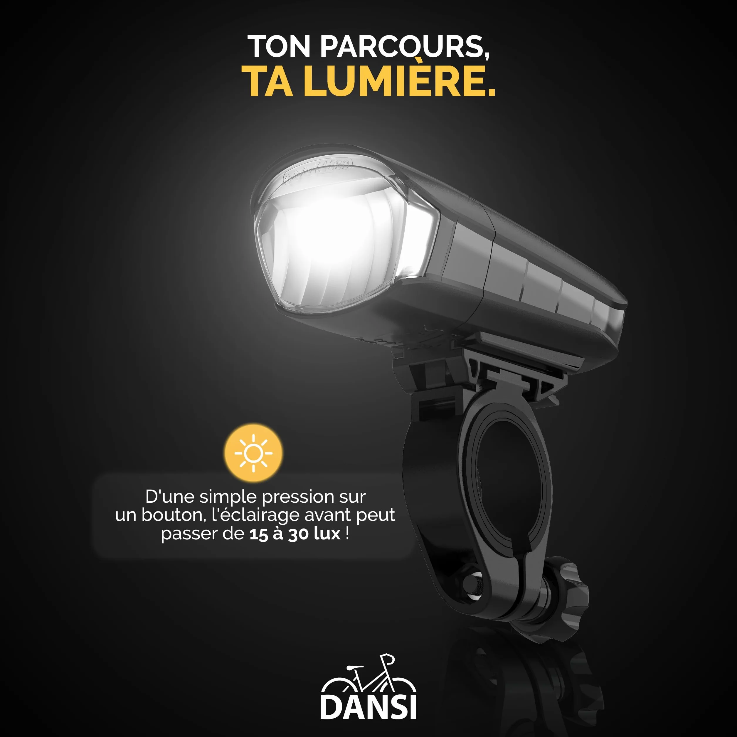 DANSI LED Light Set - Eclairage de vélo homologué StVZO avec 60, 30 & 15 Lux | Eclairage de vélo LED Avant+arrière |Ajustement Automatique de l'éclairage & Montage sans Outil| Résistant à la Pluie