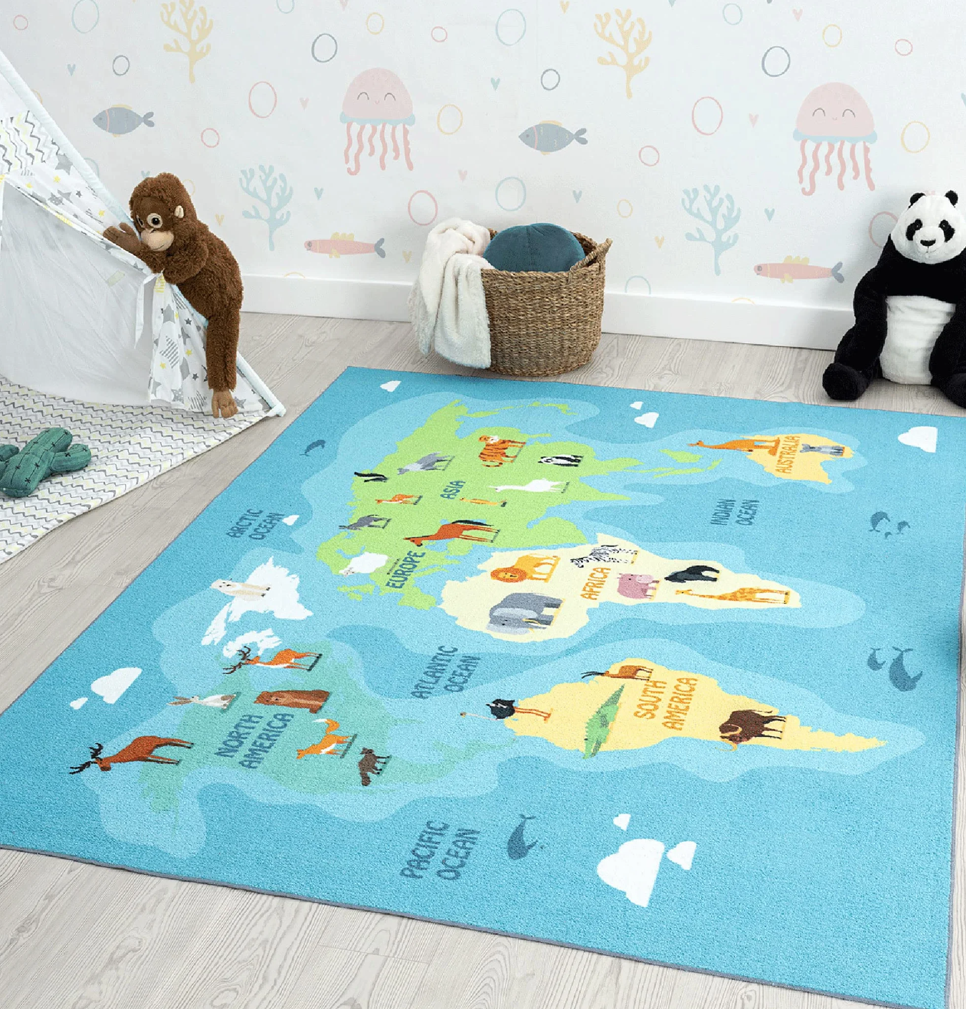 Happy Life Tapis de Jeu Lavable 80 x 150 cm Motif Carte du Monde Animaux Bleu