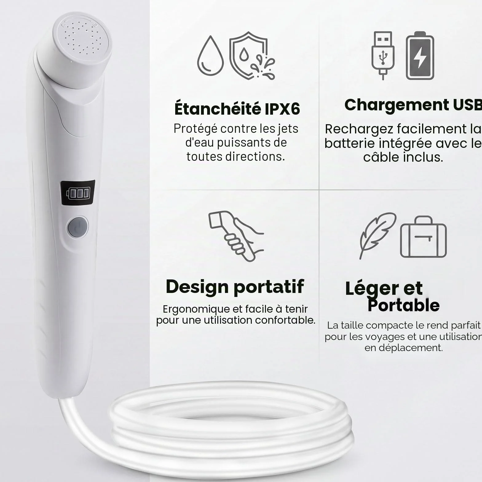douche portable d'extérieur,Douche électrique tout à main,étancheIPX6,recharge USB,batterie intégrée,compact et portable,adapté pour le camping en plein air,les douches de plage,la randonnée
