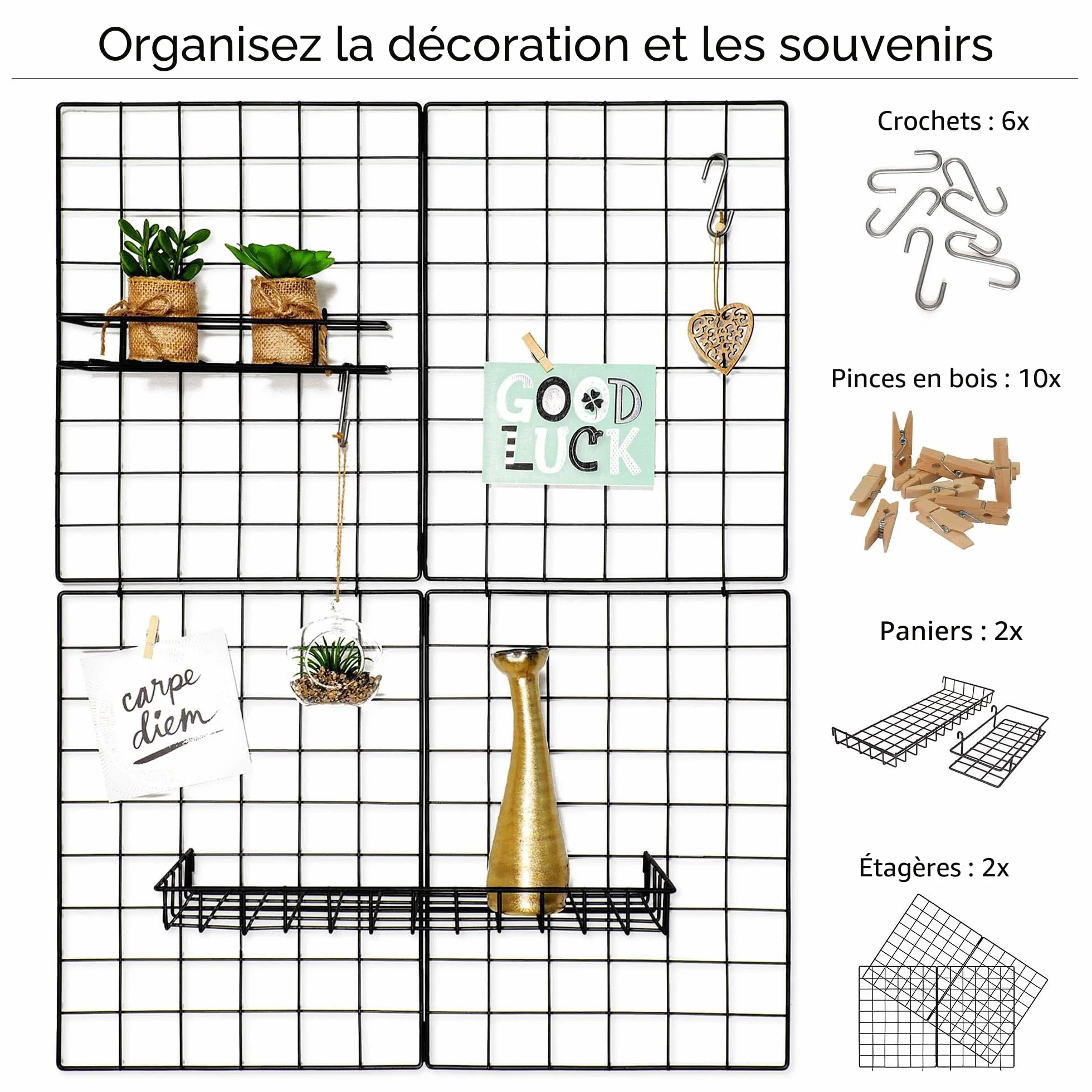 Gadgy Set de 2 Grilles Murales Métal Noir 60,5 x 79,5 cm - Organisateur Mural pour Bureau