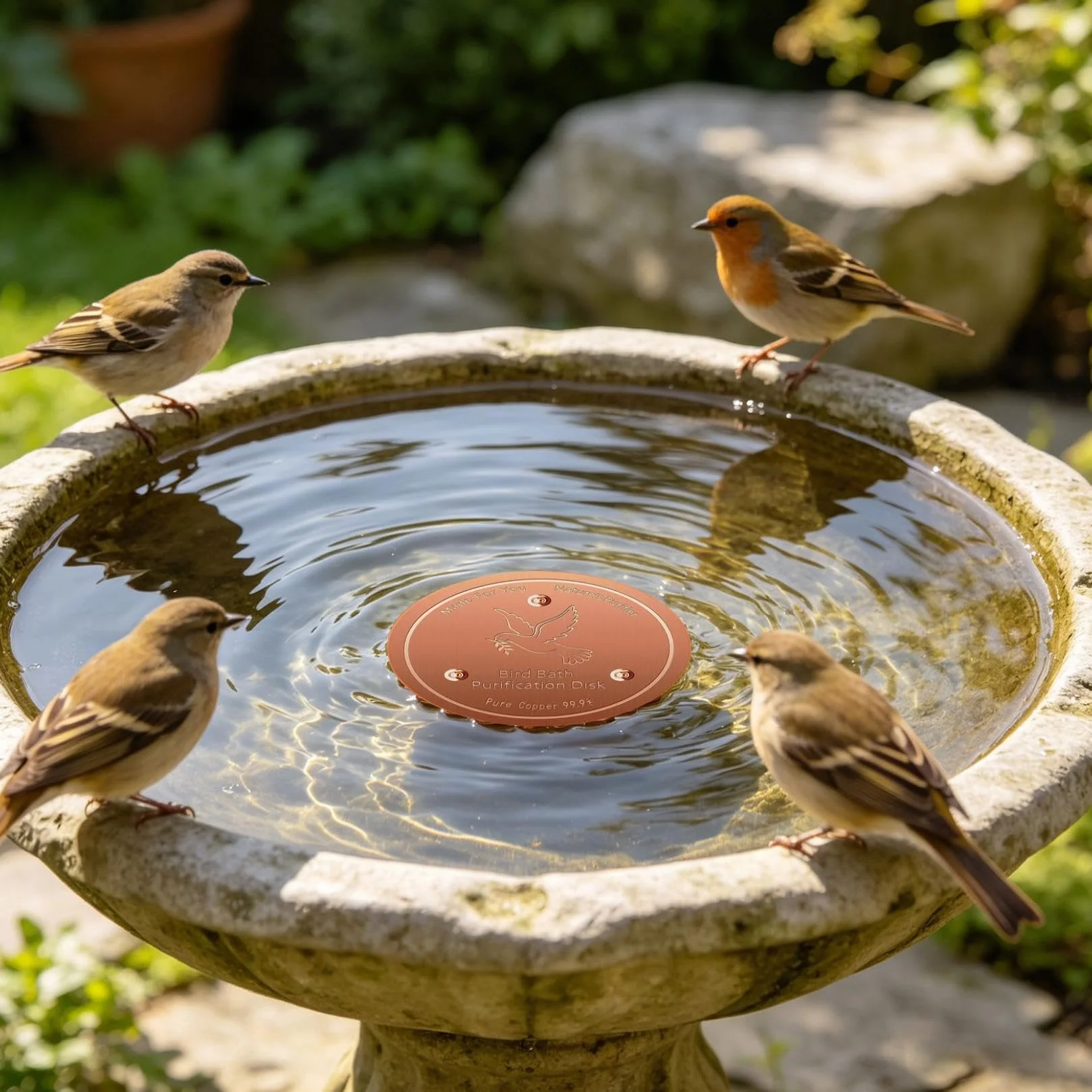 Lot de 2 disques de purification en cuivre pour bain d'oiseaux avec support à trois points