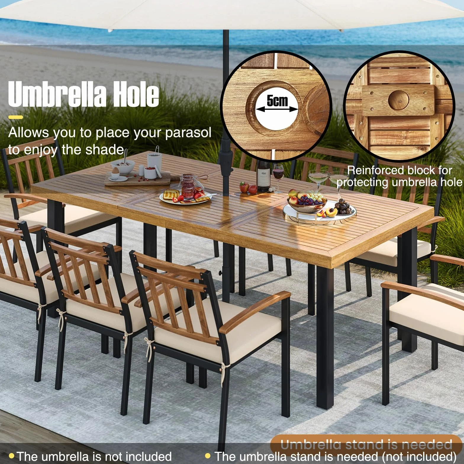 KOMFOTTEU Table de Jardin avec Trou pour Parasol 200x100x75 cm Bois d'Acacia Métal 8 Personnes