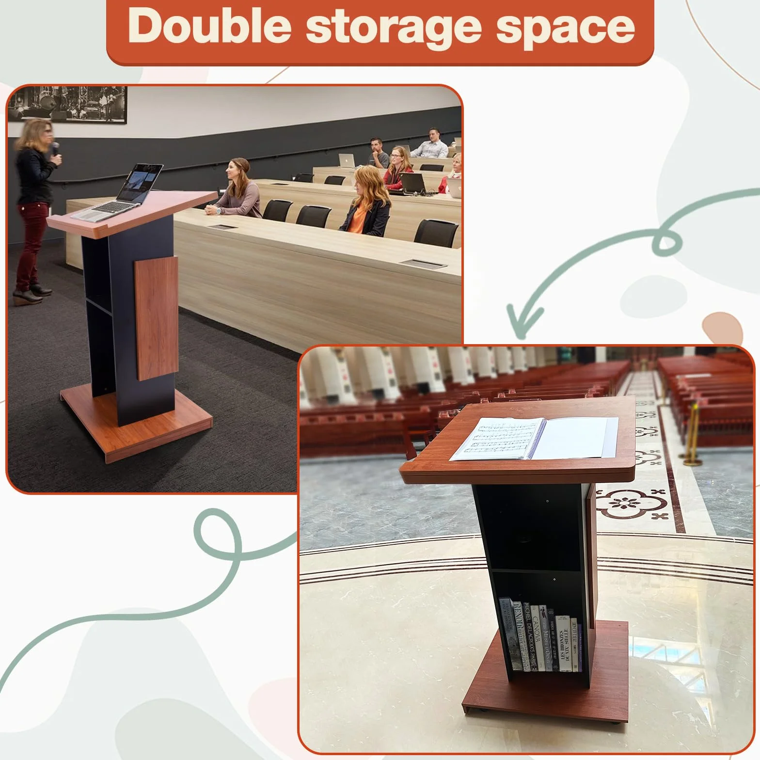 Podium en bois massif avec roues double étagère 120x60x70 cm pupitre conférence