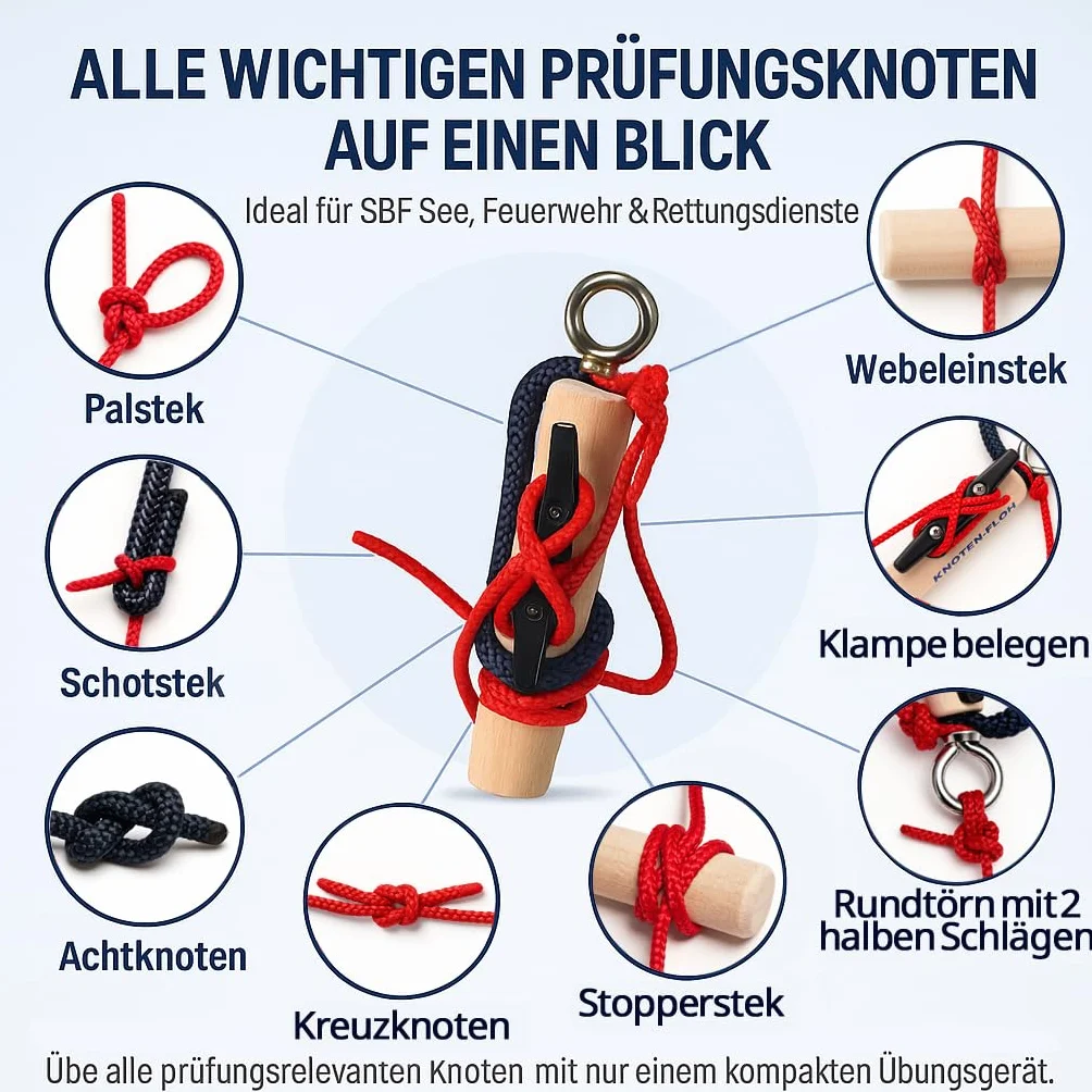 Kit d'exercice pour nœuds d'apprentissage des nœuds pour permis de bateau SBF See et pompiers, appareil d'entraînement avec plaque à nœuds et instructions (français non garanti)