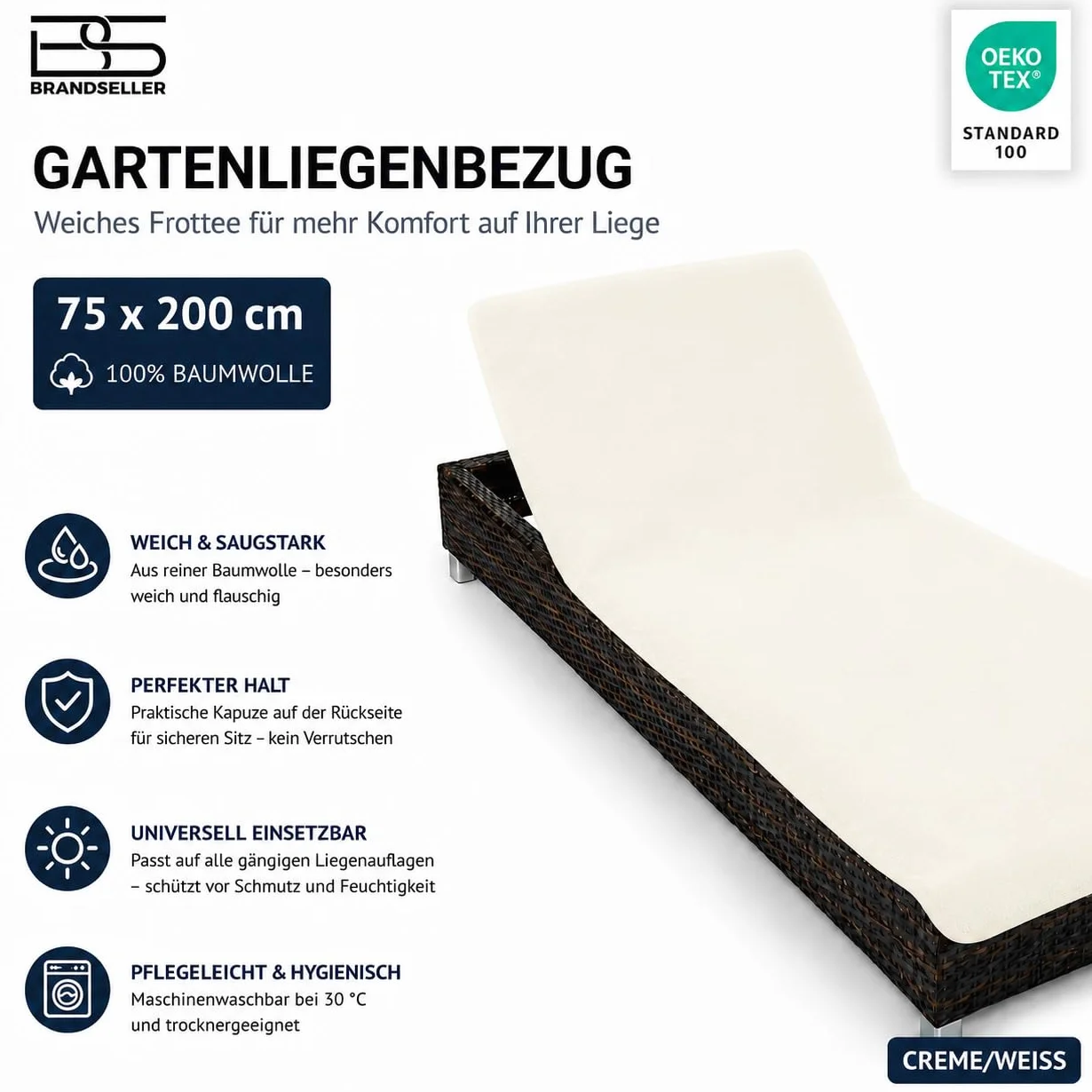 Housse de Protection pour Chaise longue 75x200 cm – Serviette en Tissu éponge 100% Coton – lavable, antidérapante, certifiée Öko-Tex 100 – Crème