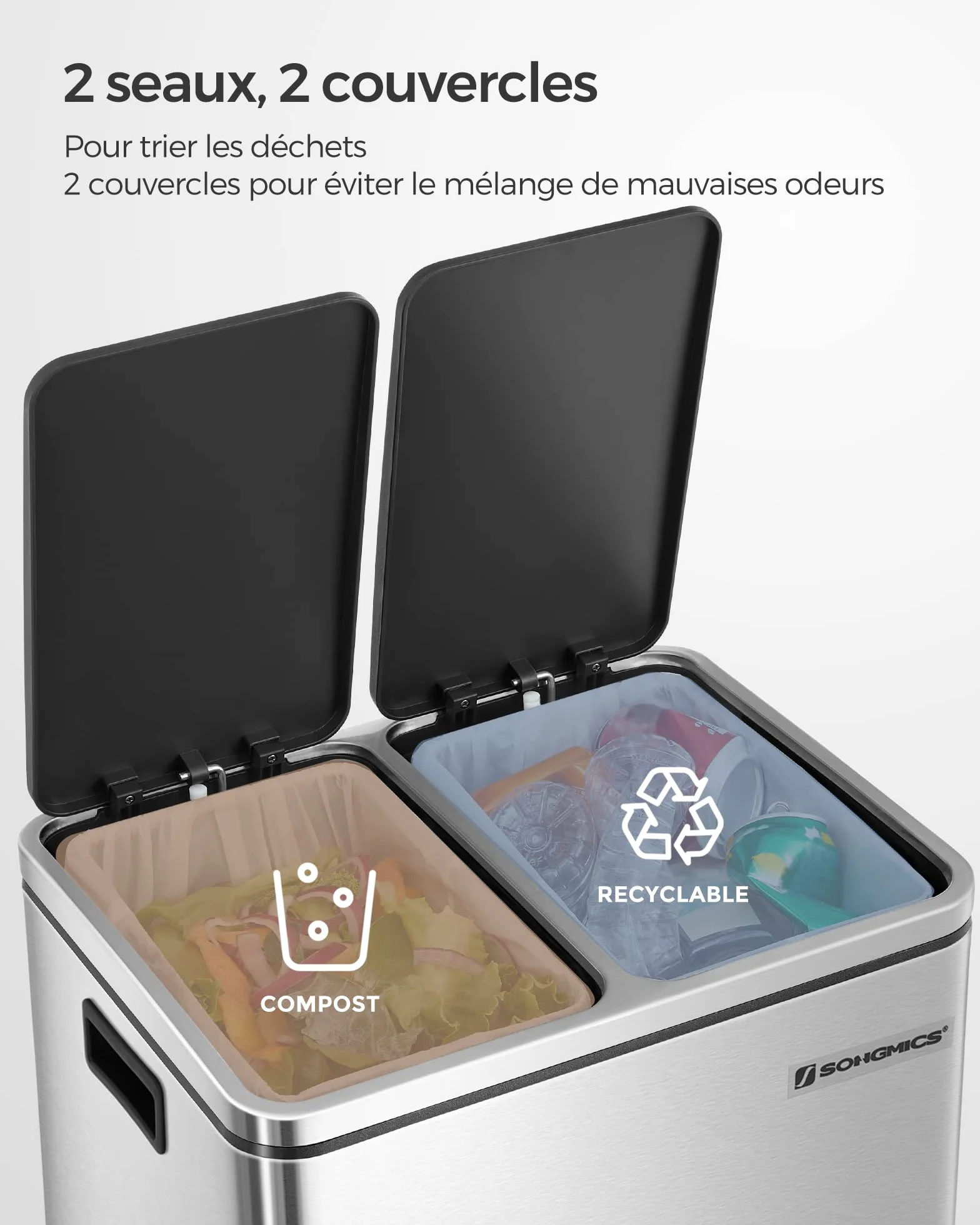 SONGMICS Poubelle Cuisine 2 x 15 L Tri Pédale Acier Argent Métallique Noir