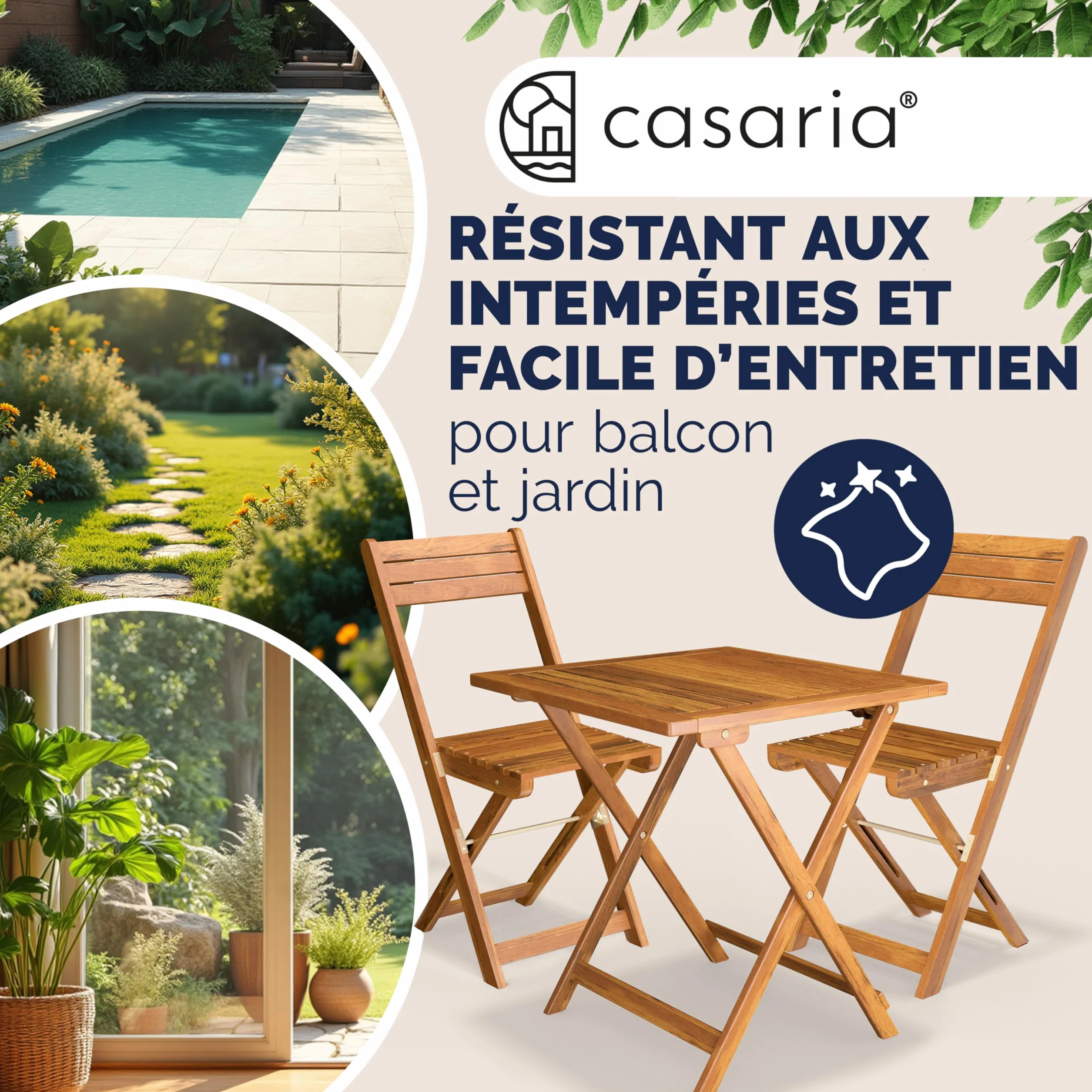 Casaria Salon De Jardin Pliable Bois D'acacia Table et 2 Chaises Résistant Aux Intempéries