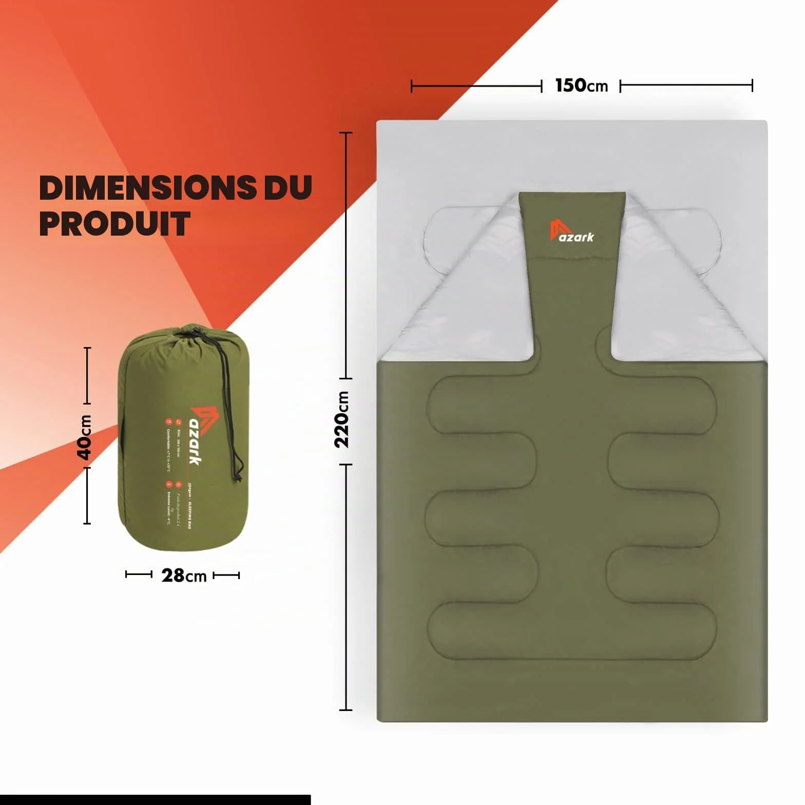 azark Sac de Couchage de qualité supérieure, 350 g/m², léger et imperméable, 4 Saisons de Camping, randonnée et Plein air, Sac de Couchage pour Adultes et Enfants