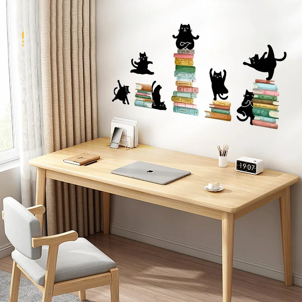 SUPERDANT Stickers Muraux Lecture Autocollant Décoratif Chat Noir Yoga Livres 80x78cm