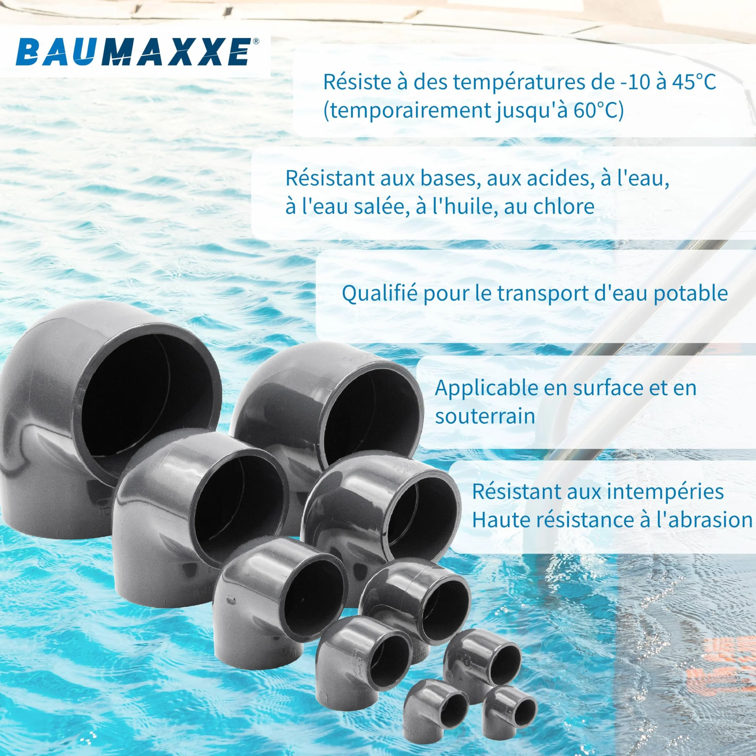 Coude PVC 90° à coller double manchon 50 mm (1 1/2") PVC-U PN16 raccord piscine plomberie irrigation