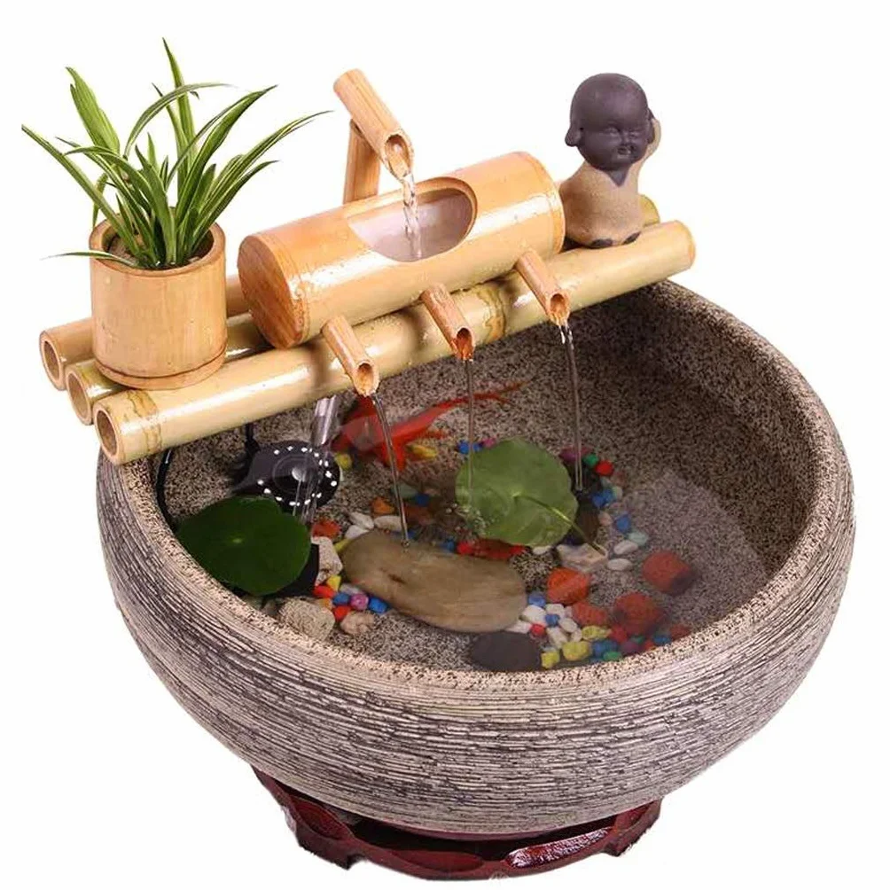 Fontaine d'eau Bambou Zen avec Pompe 7,8 Pouces Base Ronde, Intérieur Extérieur