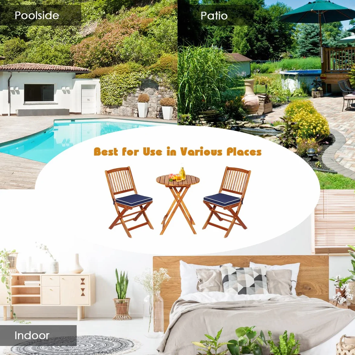 GOPLUS Salon de Jardin 2 Personnes Table Bistrot en Bois Acacia avec 2 Chaises et Coussins Amovibles 3PCS Pliante Terrasse (Bleu)