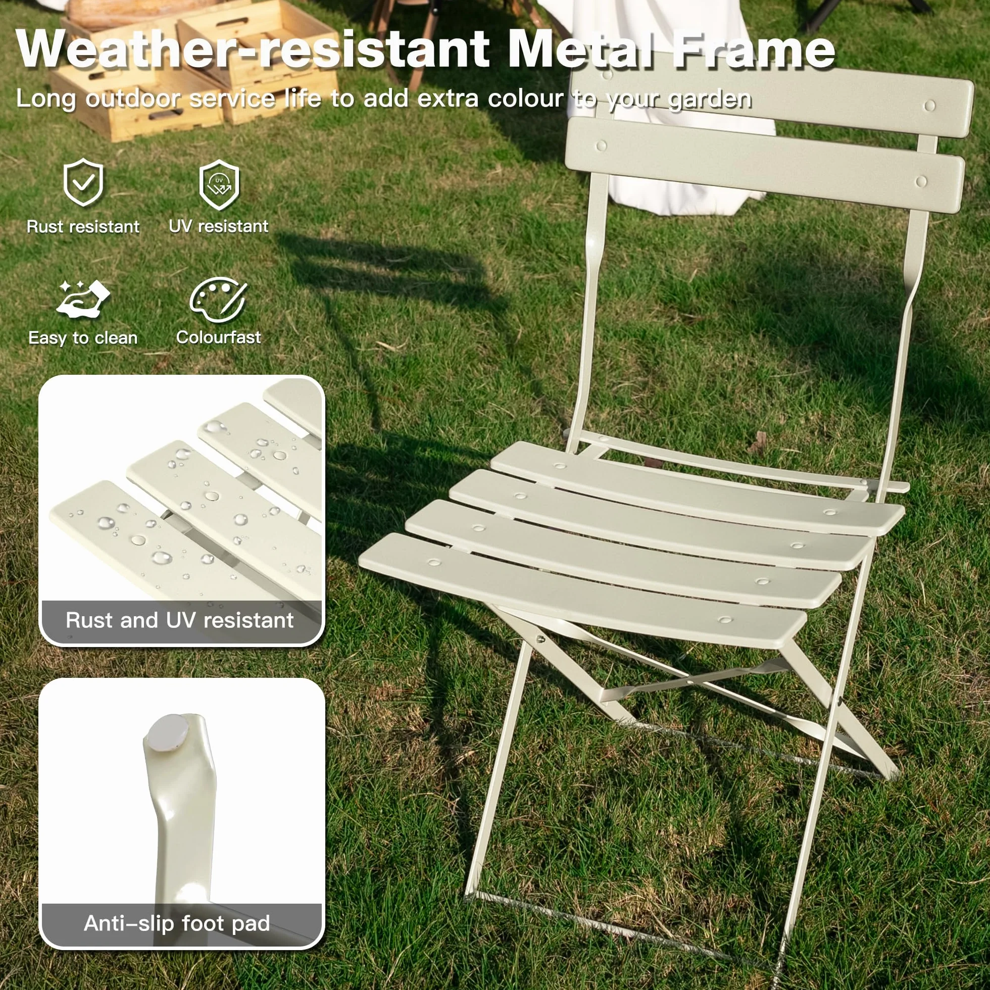 Lot de 3 Meubles de Jardin Pliables, Table de Bistrot avec 2 Chaises, Résistants aux Intempéries, Abricot