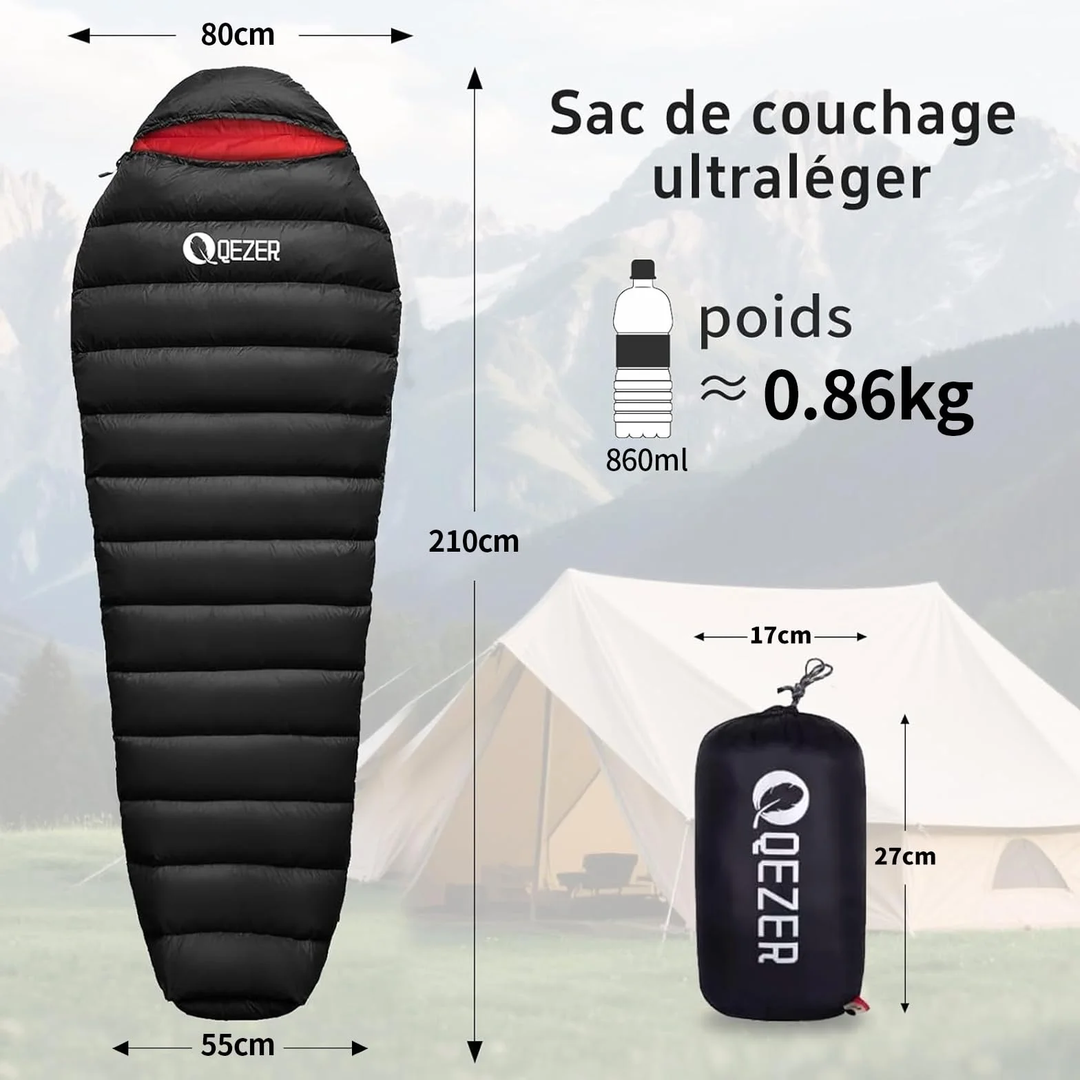 Sac de Couchage Adulte，Sac de Couchage en Duvet, 650 FP Pouvoir gonflant, Ultra-léger et Portable, 8℃ à -30℃, 4 Saisons, idéal pour Camping et randonnée
