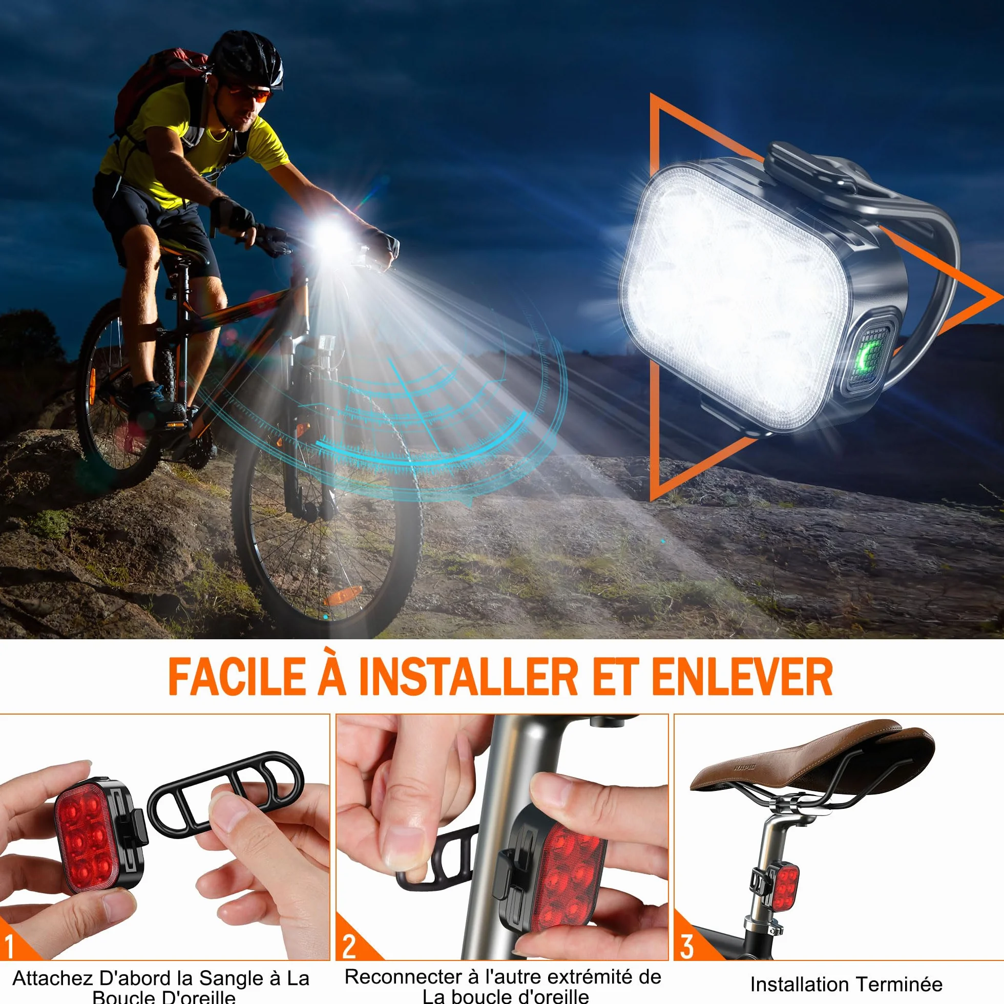 Lumiere Velo，Feux Avant et Arrière de Vélo, IP65 Imperméable à l'eau USB Rechargeable, Équipé de 6 Perles de Lumière LED Super Lumineux, 4 + 6 Modes D'éclairage, Adapté pour la Conduite de Nuit.