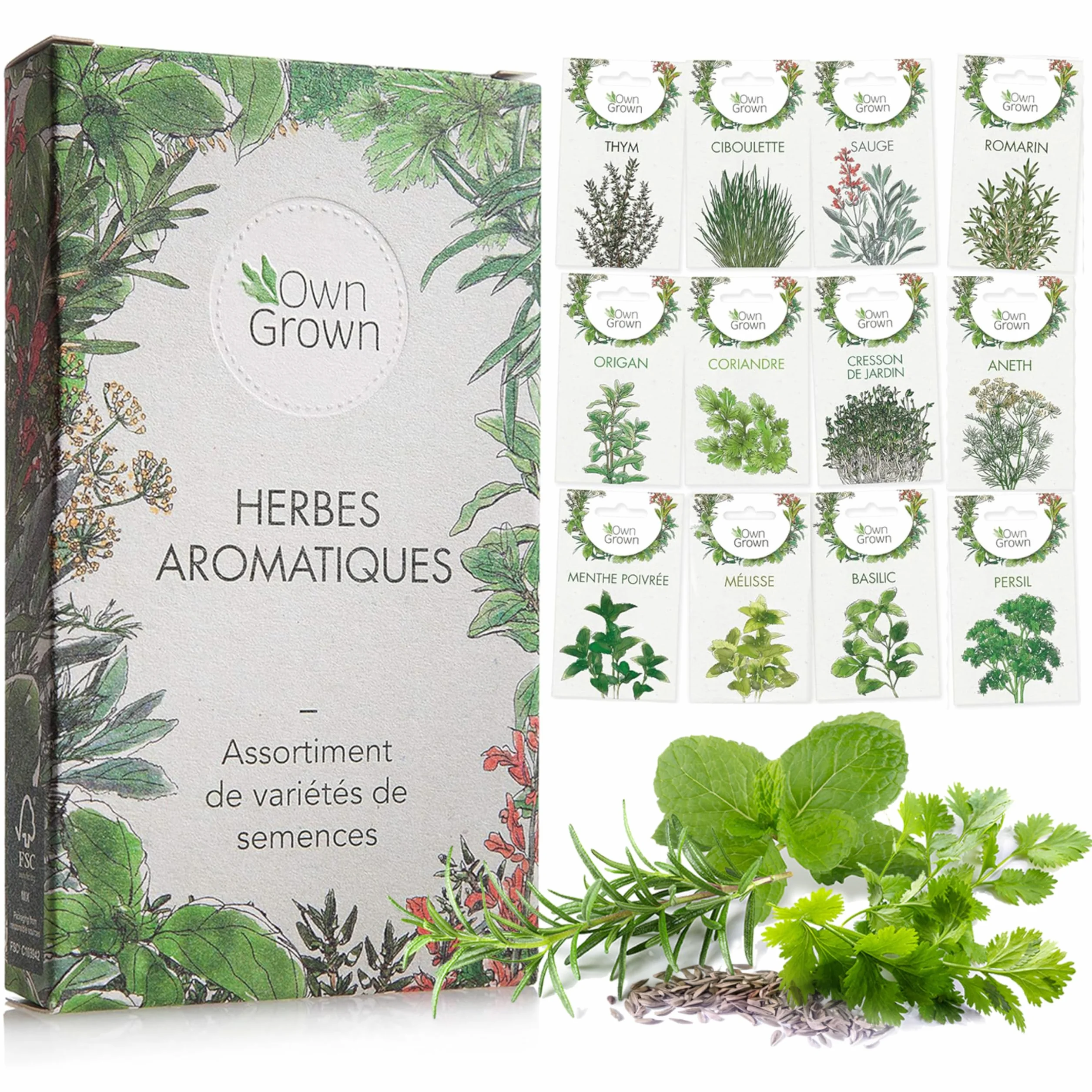 OwnGrown Kit de graines d'Herbes aromatiques, 12 épices et aromates, pour culture intérieure et extérieure