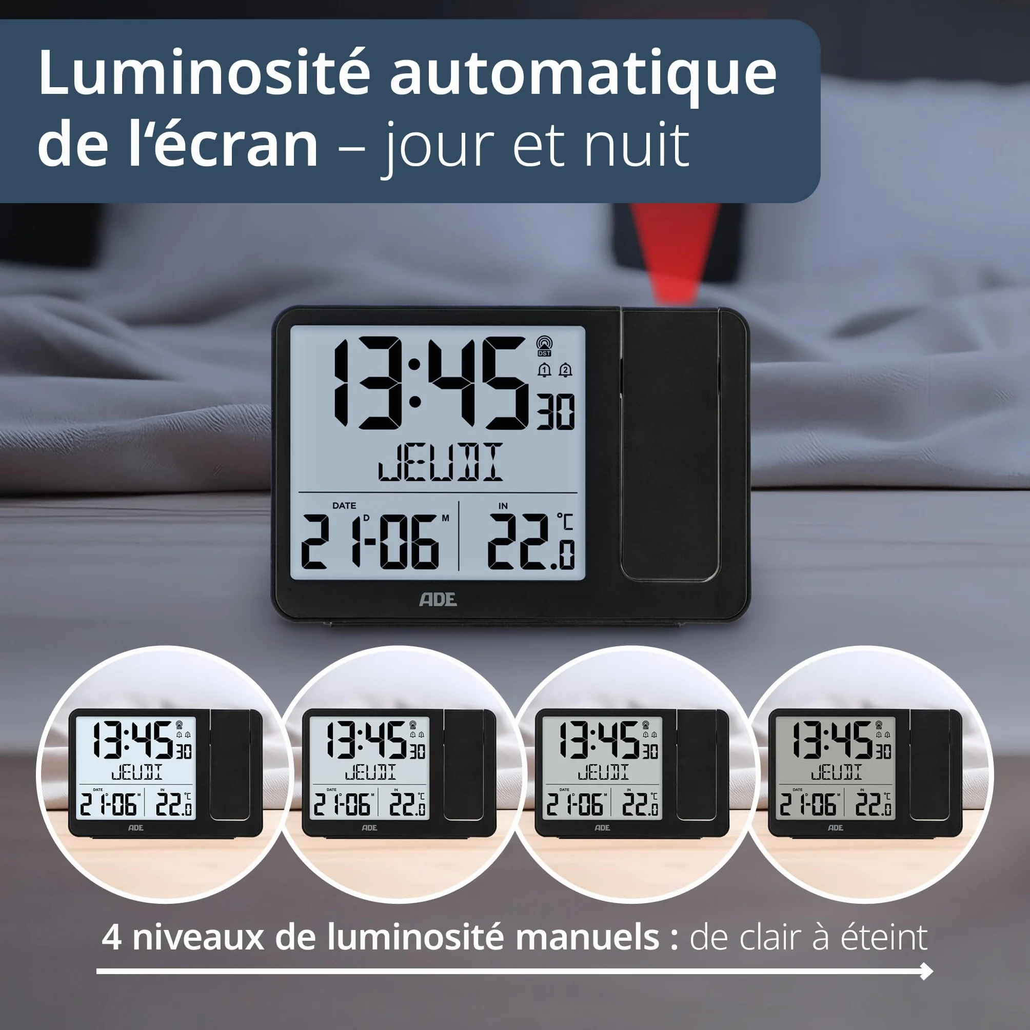 ADE Réveil Radio piloté Horloge numérique avec capteur extérieur Affichage température Date Jour Semaine Noir