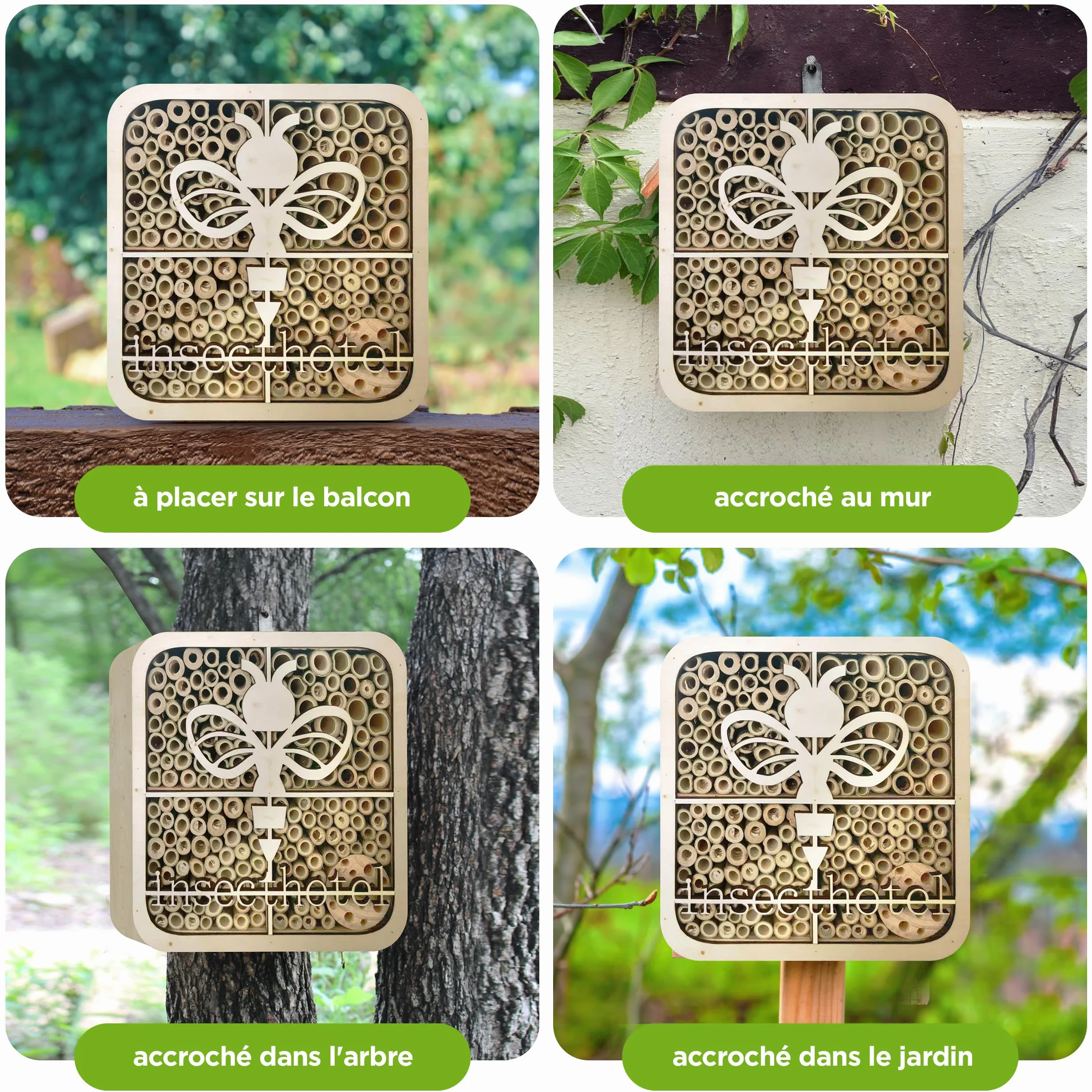 ISOTRONIC Hôtel à Insectes en Bois Naturel – Maison pour Abeilles et Coccinelles avec Abri en Bambou Design Moderne