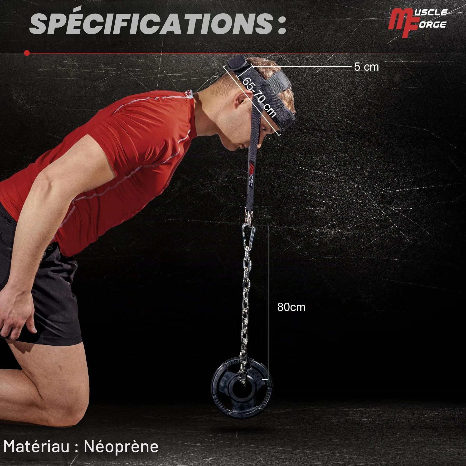 Harnais Cou Musculation 240 kg - Harnais Tête Néoprène Réglable avec Chaîne Acier - Neck Training Boxe MMA Lutte