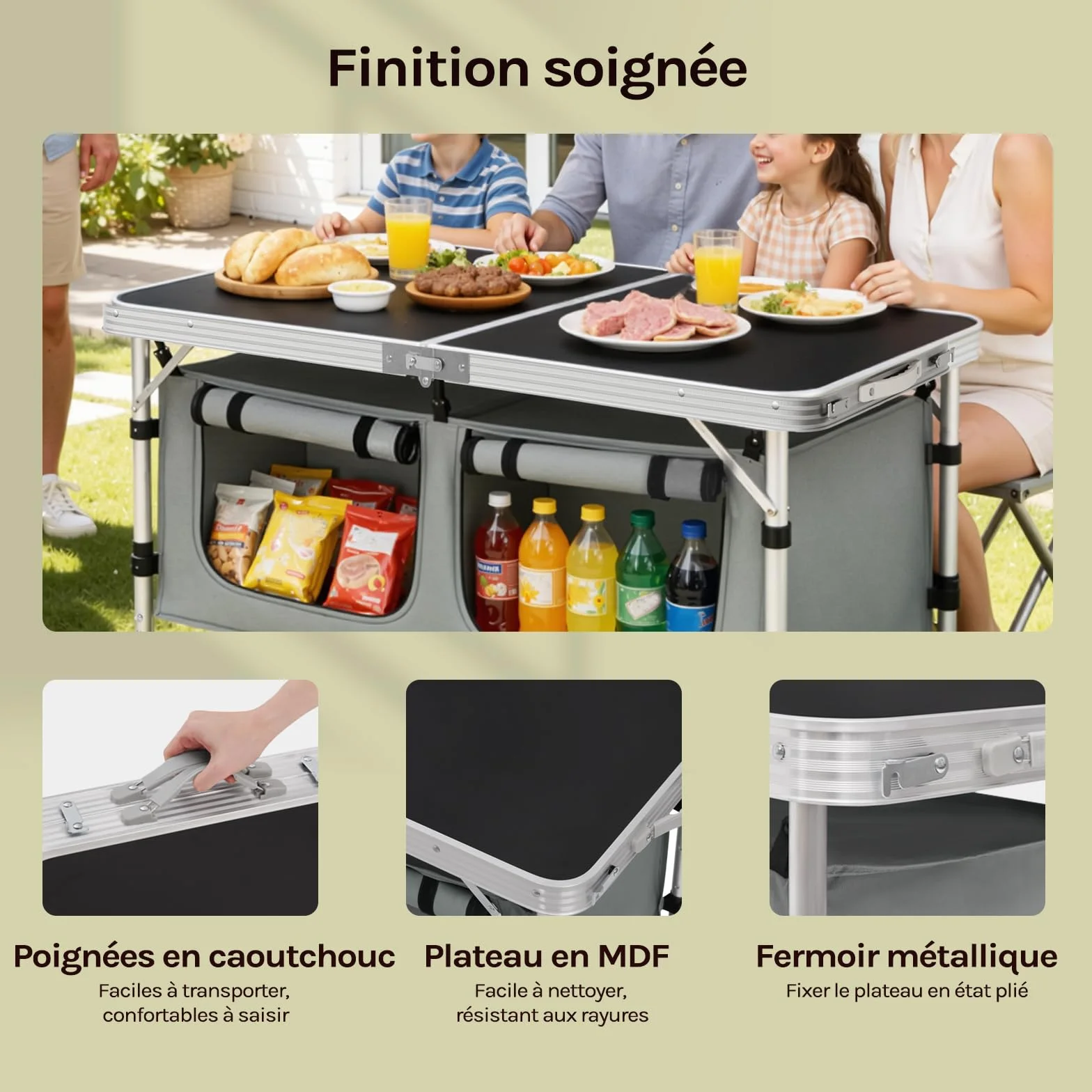 WOLTU Table de Pique-Nique Pliante en Aluminium Réglable en Hauteur pour 4-6 Personnes Noir + Gris