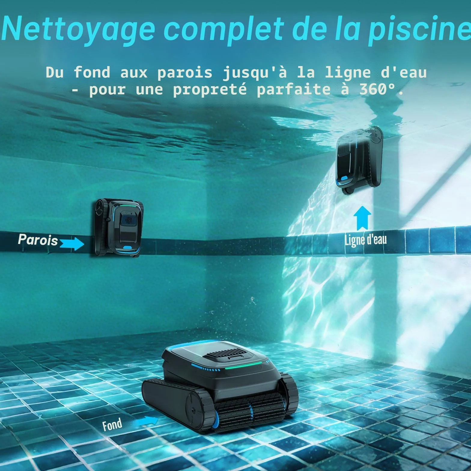 PC10 Robot Piscine sans Fil Sol et Parois, Aspirateur Piscine Batterie 18927 LPH 170 ㎡