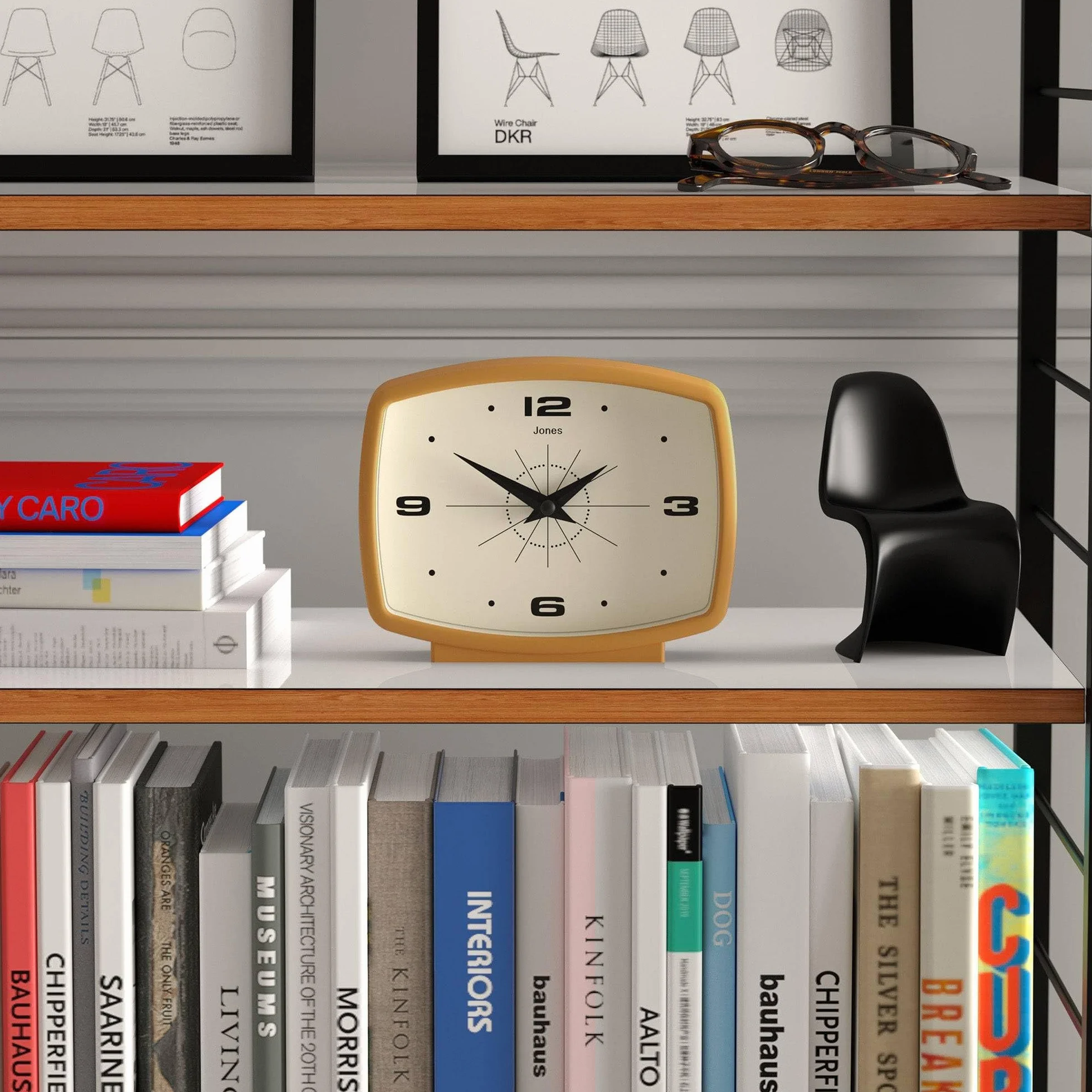 JONES CLOCKS® Horloge de Bureau Rétro Rectangulaire Jaune Moutarde Style Milieu du Siècle