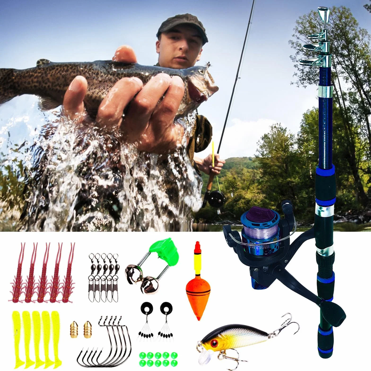 Kit de Canne à Pêche Télescopique avec Bobine pour Eau Salée et Eau Douce