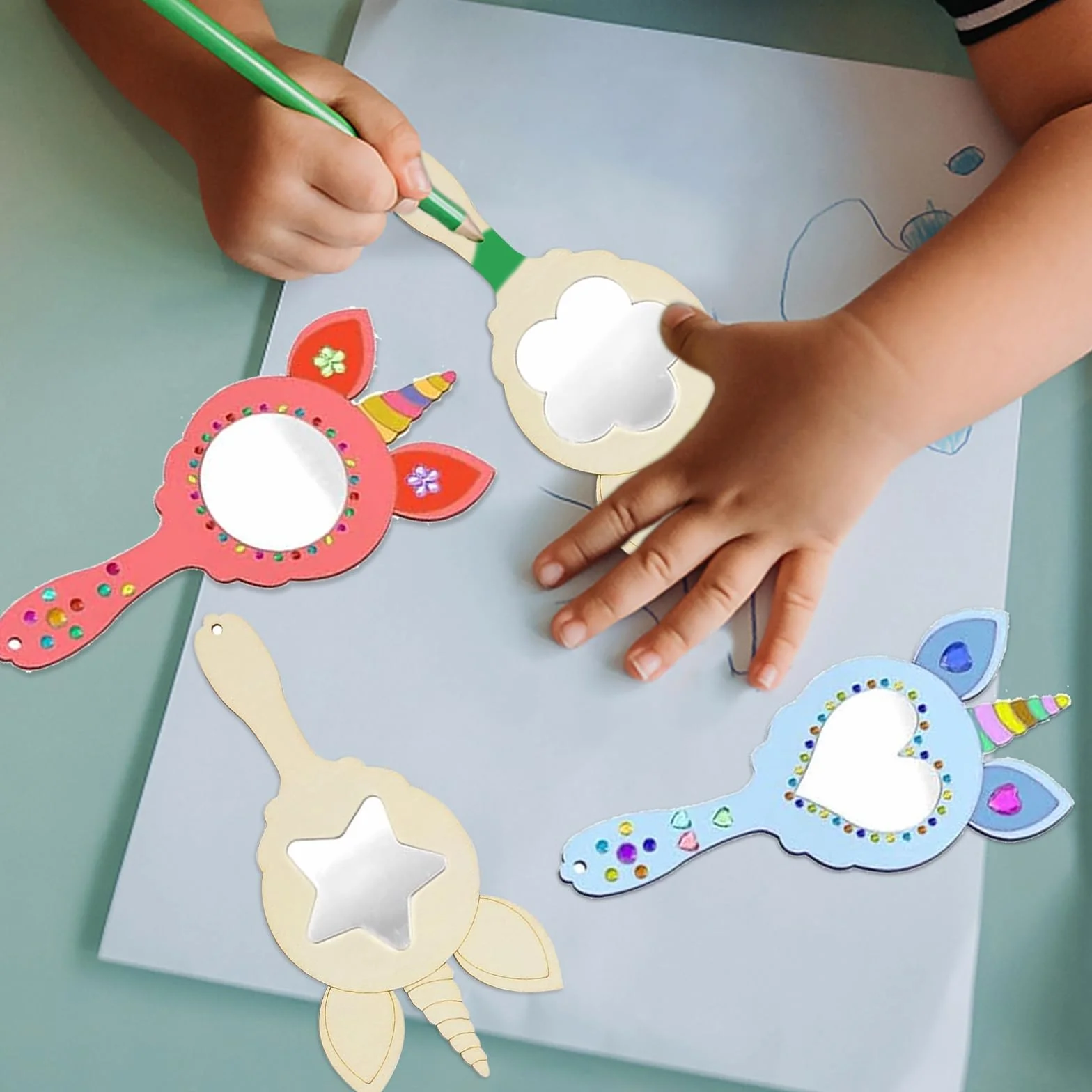 Kit Bricolage Miroir Licorne, Artisanat en Bois à Peindre avec Stylos Aquarelle et Autocollants Diamants, DIY Créatif pour Enfants