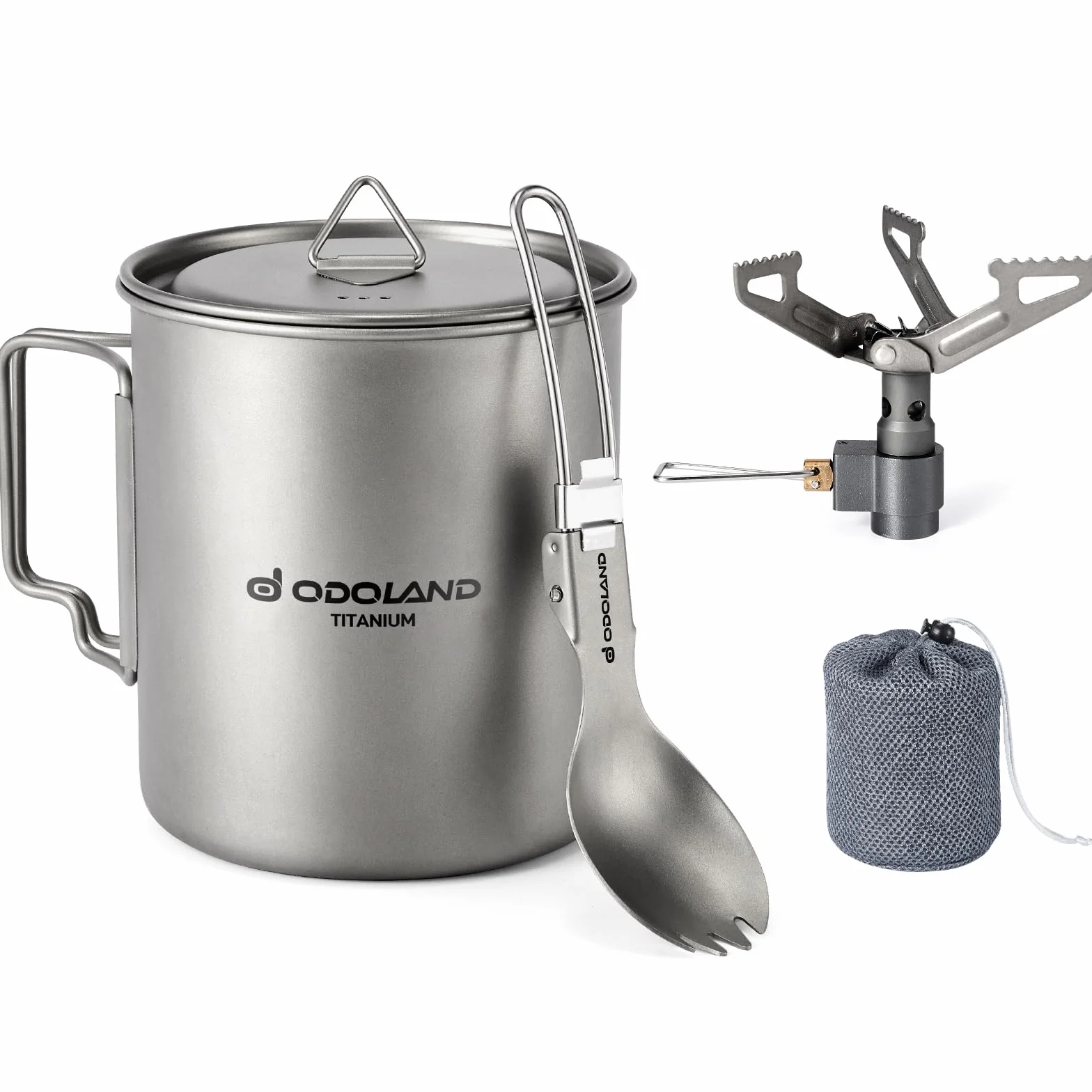 Odoland Tasses en titane de 750 ml, mini réchaud en titane ultra léger de 1900 W, tasse à café de camping avec couvercle et spork, poignée pliable pour camping, randonnée, voyage et trekking