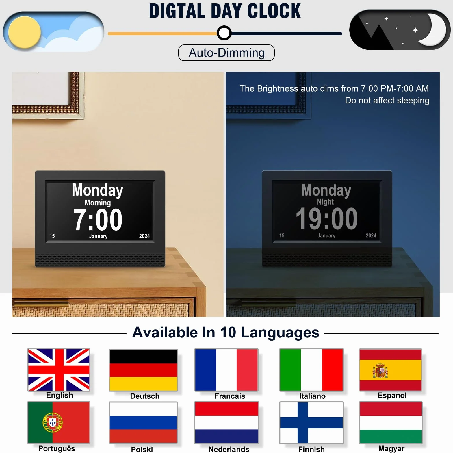 SENXINGYAN Horloge Numérique 7 Pouce LCD Auto Dimming 10 Langues Date Jour Heure Non-Abrégée Noir