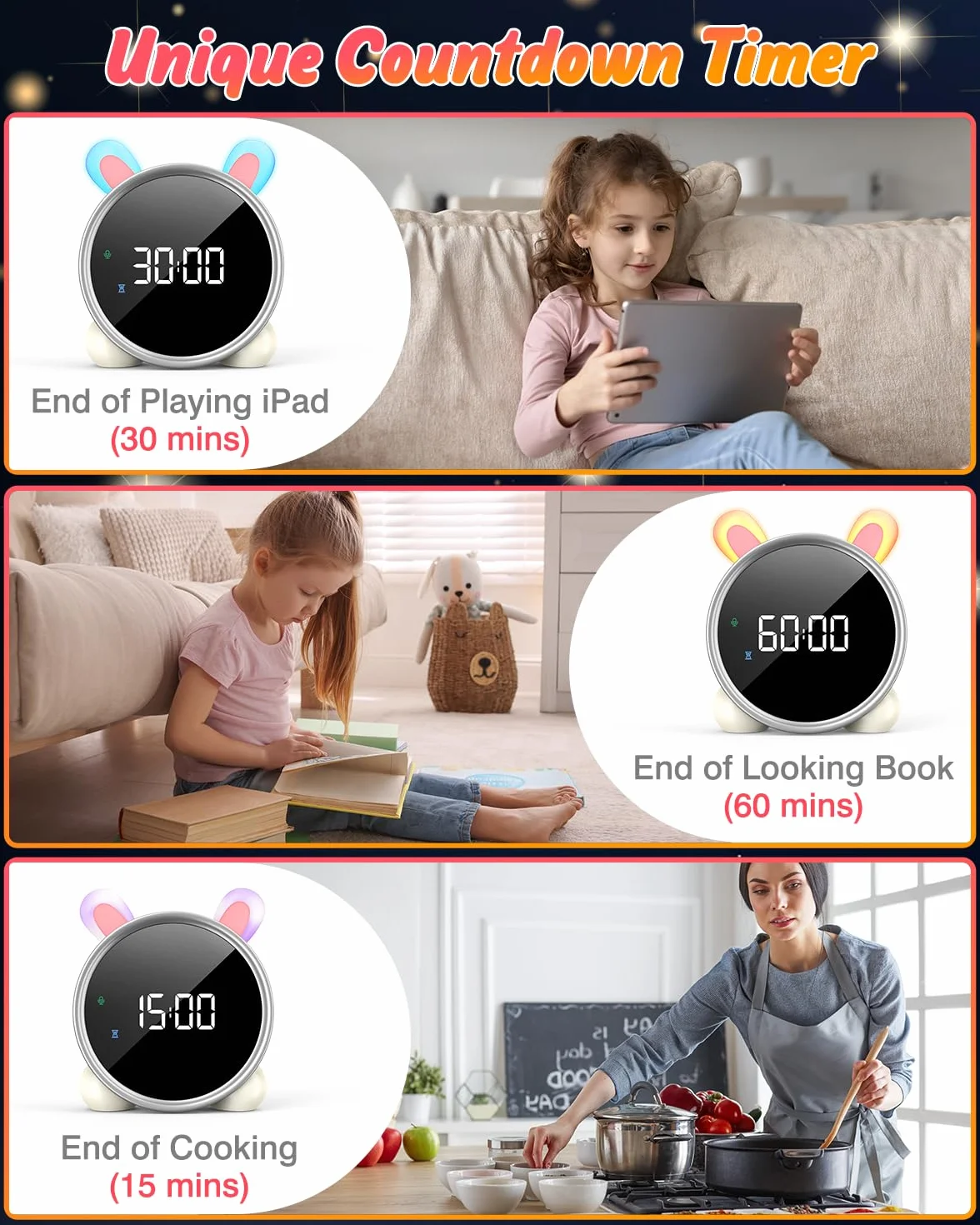 Réveil Enfant LED LEMNOI Lumineux 5 Couleurs Jour Nuit Double Alarme Température Snooze Lapin