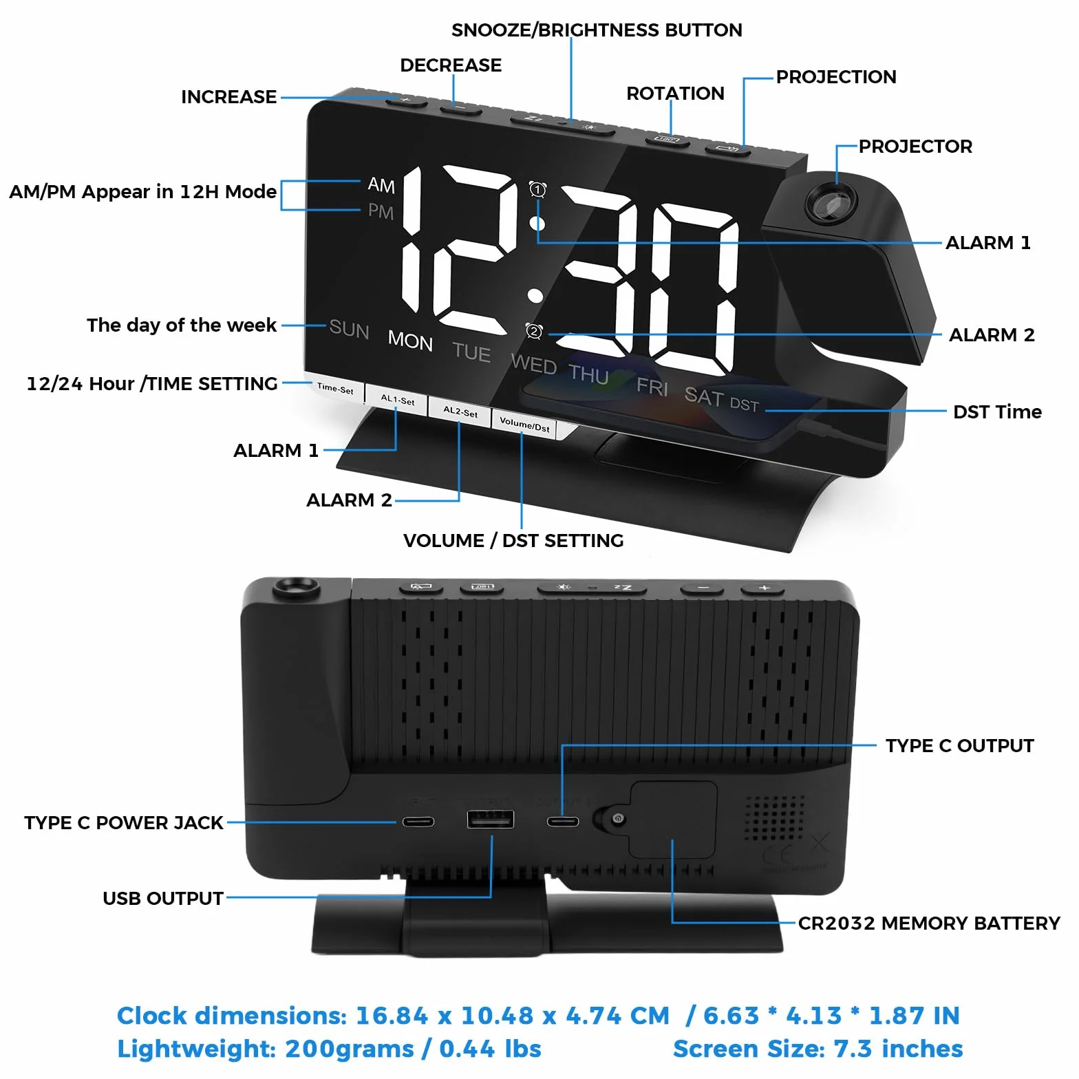 Réveil Projection Plafond Horloge Numérique LED avec Recharge USB, Surface Miroir, Snooze, Rotation 180°, Mode Inversé, Réglage Luminosité 12H/24H