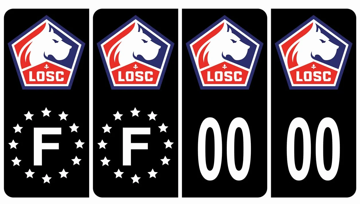 Pack 2 paires Autocollant Stickers Plaque d'immatriculation Premium LOSC Lille Noir - Numéro Personnalisé